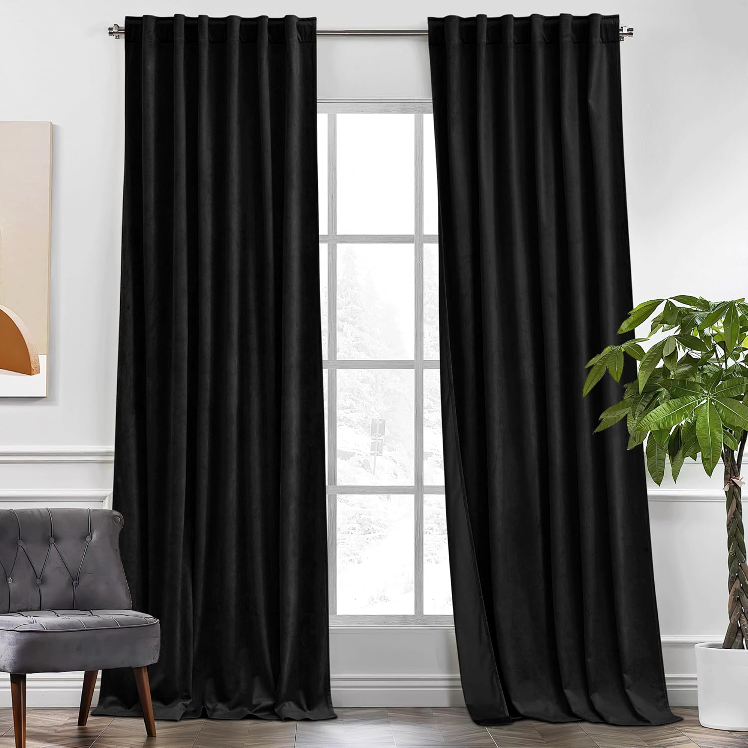 KGORGE anti Dust Soundproof 100% Blackout Curtains 4 Layers Heavy Duty Energy Efficiency Window Curtains for Living Room Baby Bedroom Home Office Studio, Wide 52 X Long 95 Inches, Black, 2 Panels