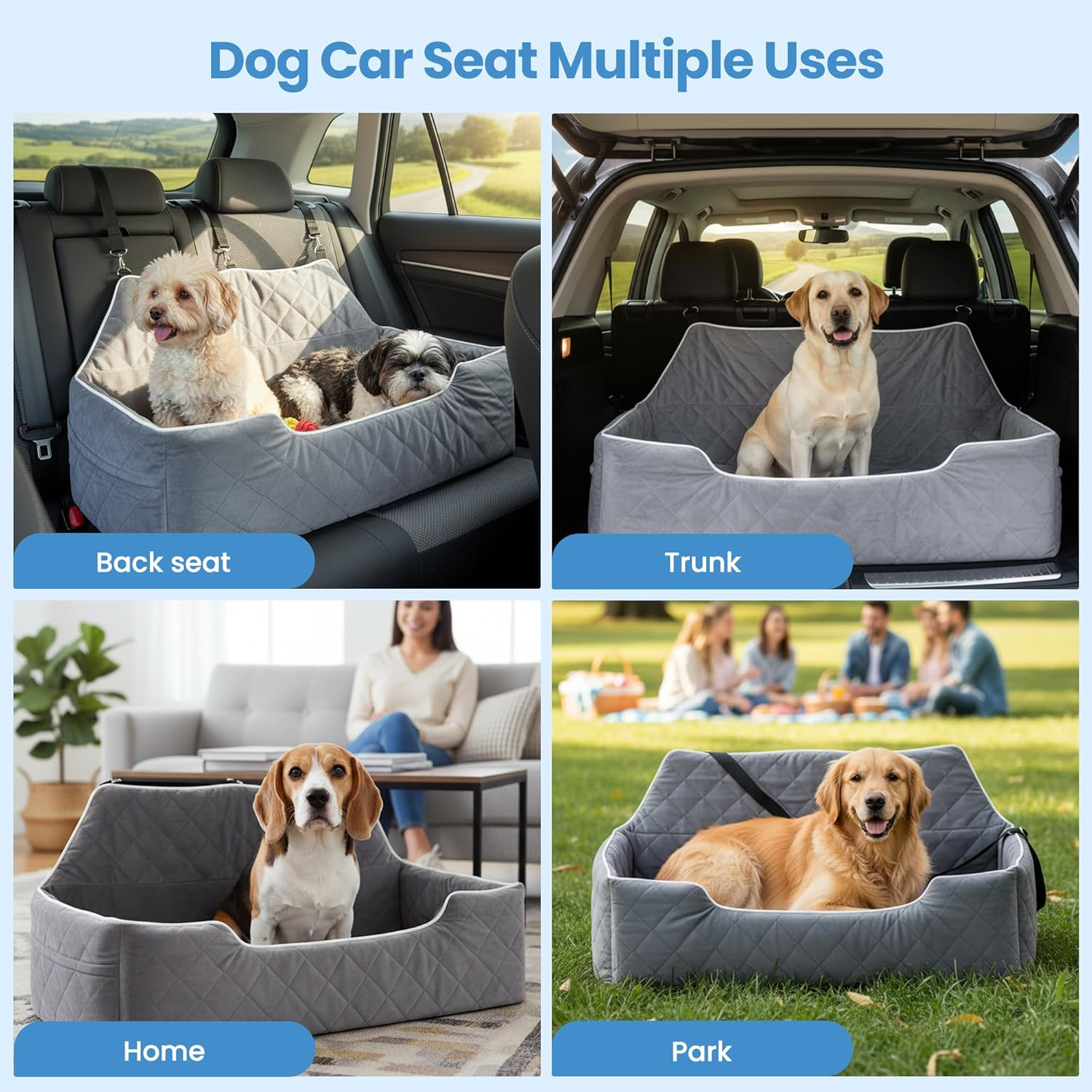 Advwin Dog Car Seat for Large Medium Sized Dogs, Dog Booster Seat for 2 Small Dogs with Detachable Washable Cover and Cushion, Pet Car Seat with Safety Belts and Storage Pockets image number 2