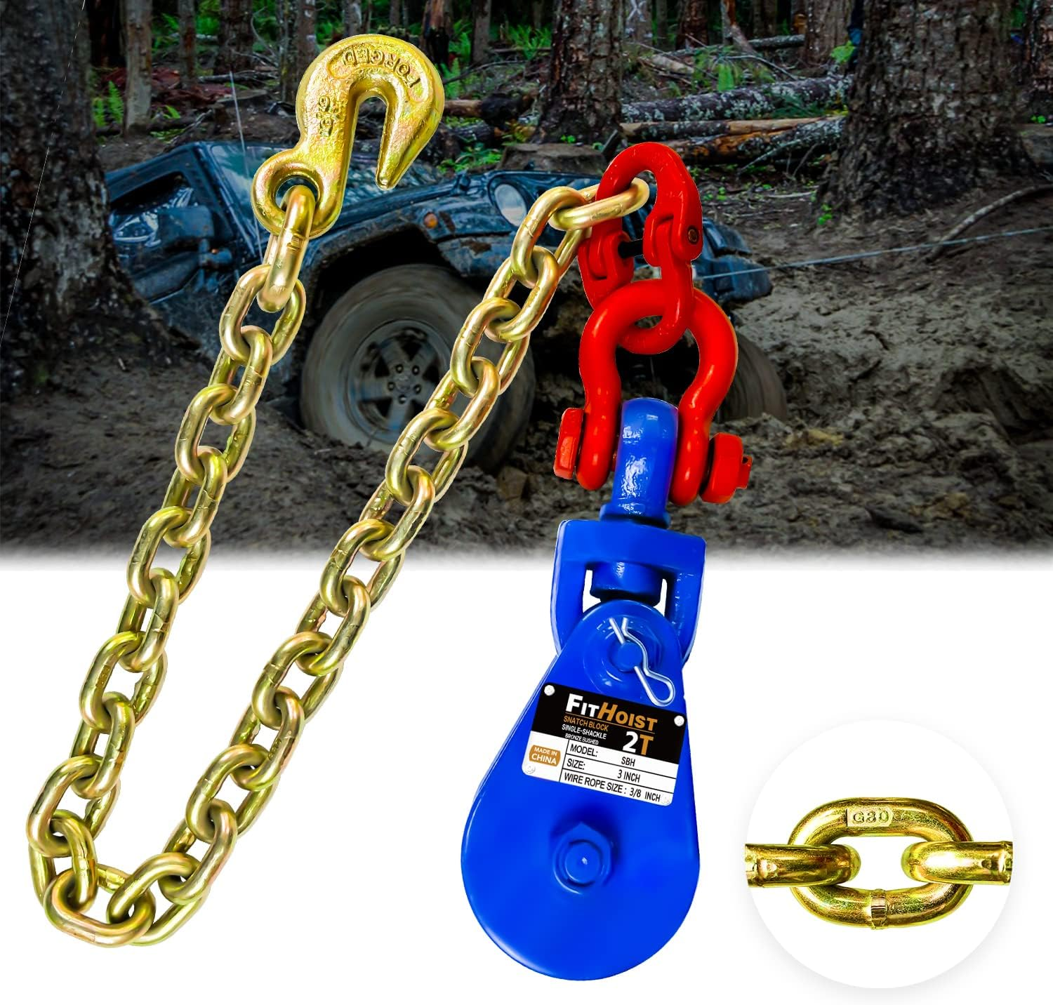 FITHOIST 2 Tons Snatch Block with G80 Chain | 3" Sheave for 3/8" Inch Wire Rope | High Strength Snatch Blocks for Towing and Recovery Applications | Tow Truck Rollback Wrecker Car Hauler Winch image number 3