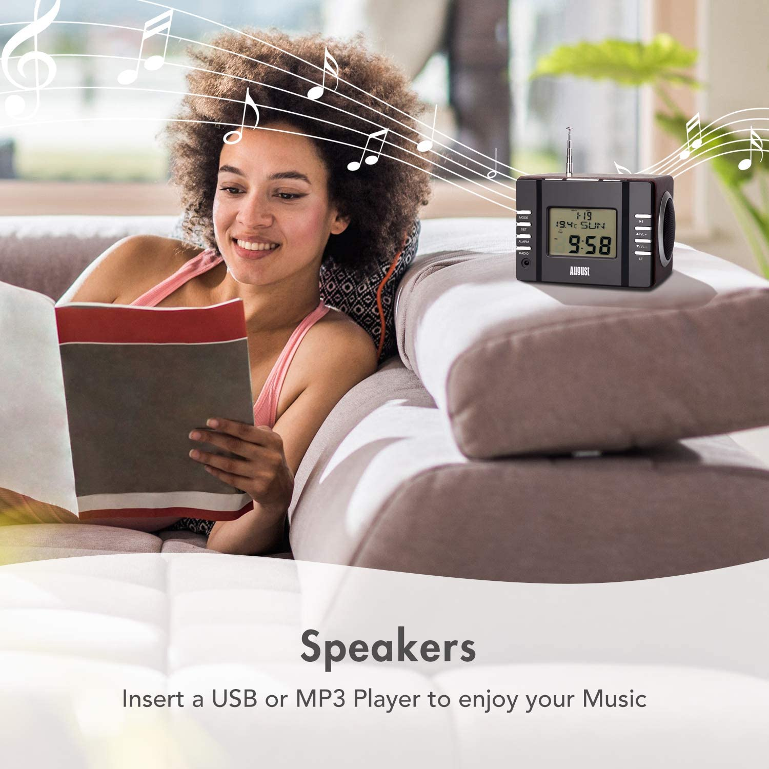Clock Radio with MP3 Alarm - August MB300 - Wake to Your Favourite Music from USB and SD or FM Station - Rechargeable Portable Speaker with Remote Control [Dark Wood] image number 5
