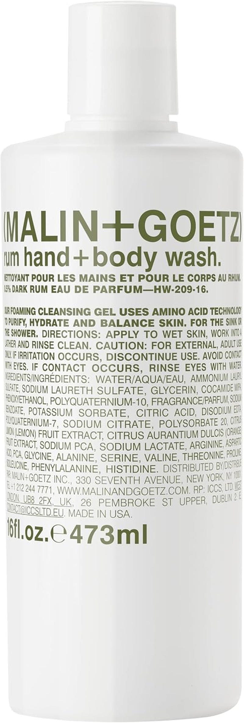 Malin + Goetz Rum Hand + Body Wash &mdash; Cleansing, Purifying, Hydrating Women and Men&rsquo;S, All Skin Types, Dry, Sensitive. No Stripping or Irritation. Cruelty-Free and Vegan 16 Fl Oz