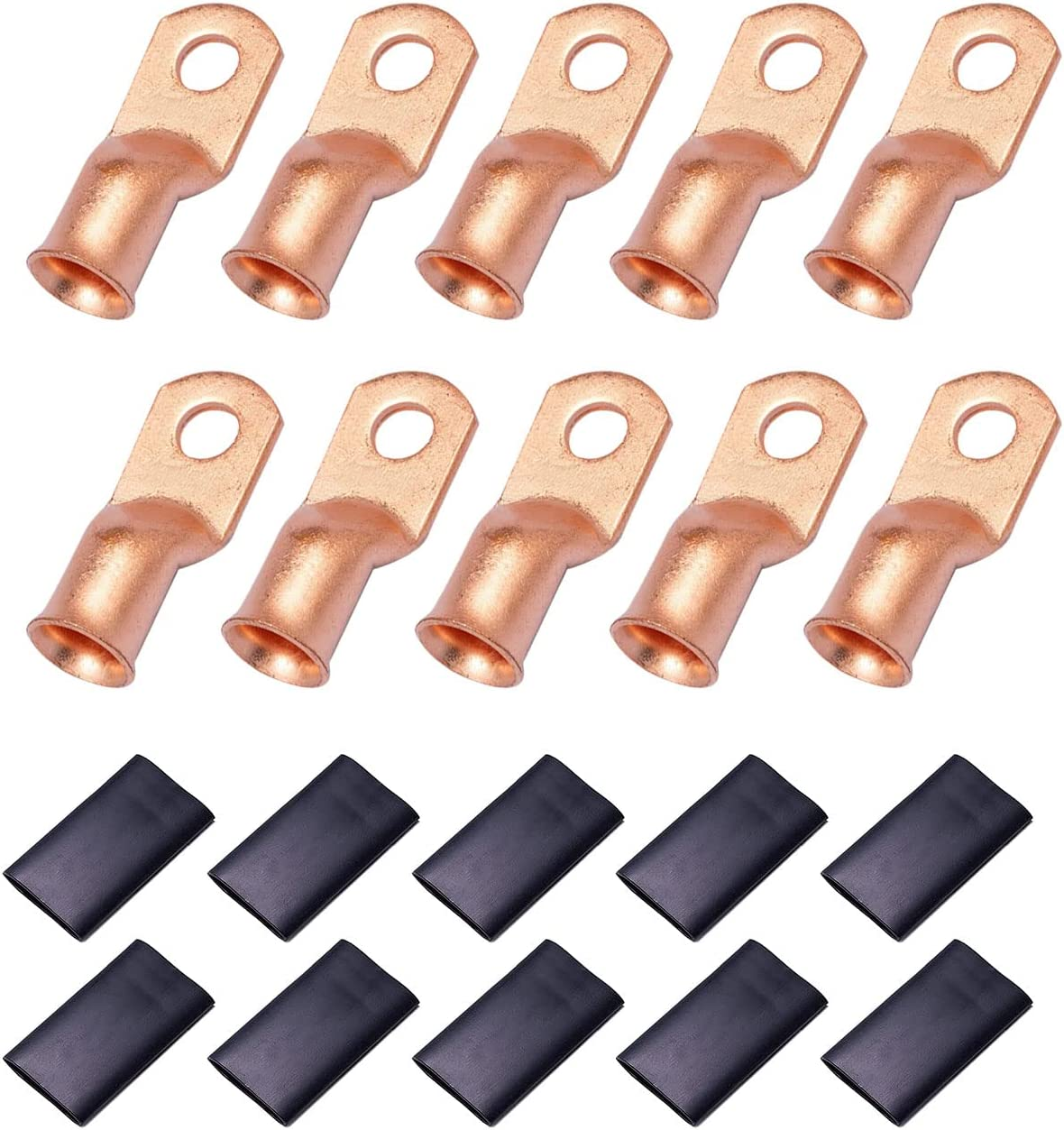 10 Pcs 5/16" Ring (M8) Heavy Duty Copper Wire Lugs Battery Cable Ends Bare Copper Eyelets Tubular Ring Terminal Connectors Assortment Kit,6 AWG/ 13.3Mm&sup2; Crimp Wire Ring Lugs with 10Pcs Heat Shrink Set