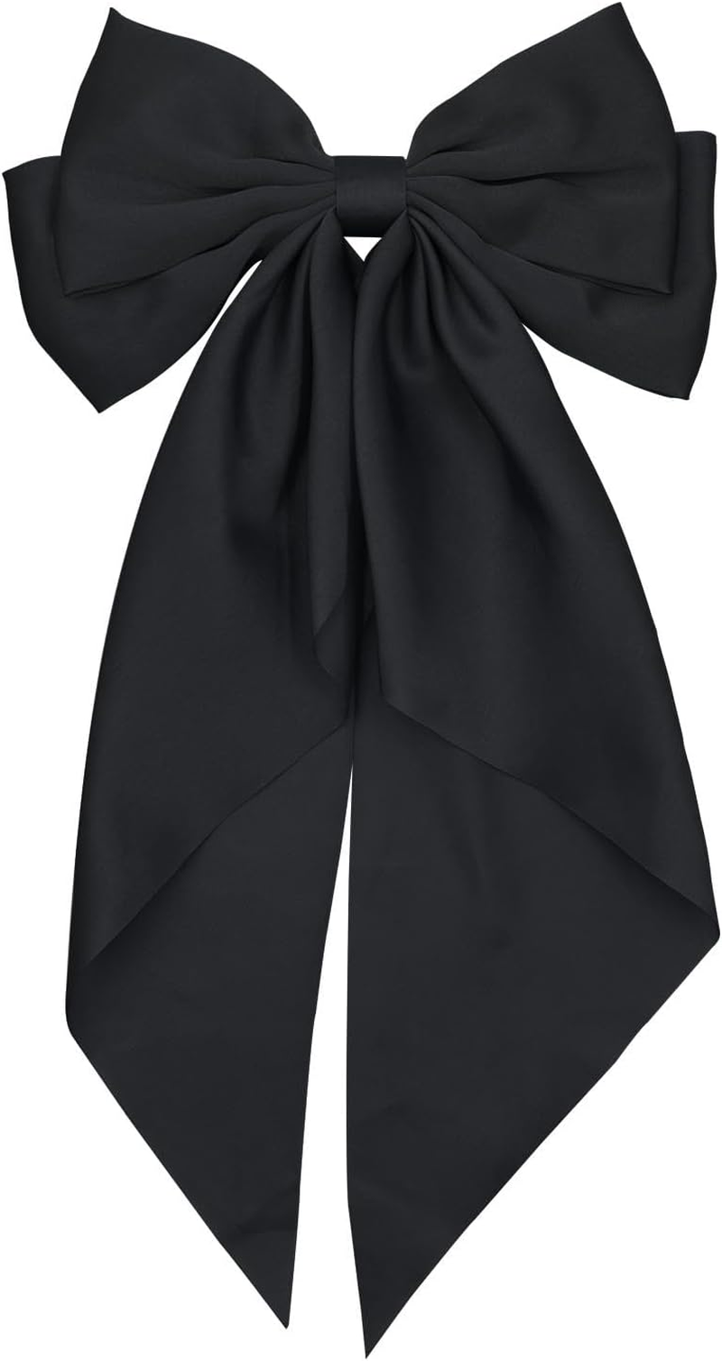 Large Hair Bows Clips for Women, Sapphire Blue Silky Satin Hair Bow Hair Clips Long Tail Vintage French Hair Ribbon Hair Barrettes for Girls (Black)