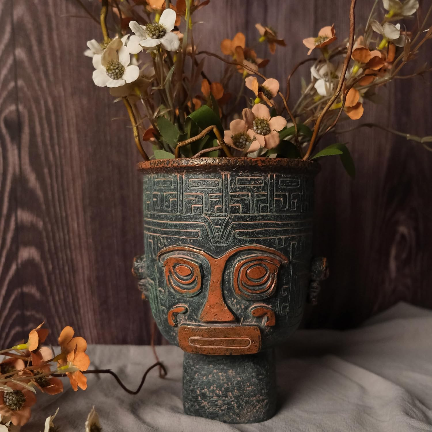 Sanxingdui Style Bronze Face Planters for Indoor Plants, 6 Inch Resin Unique Plant Pots with Drainage, Decorative Flower Pots for Plant Lover image number 1