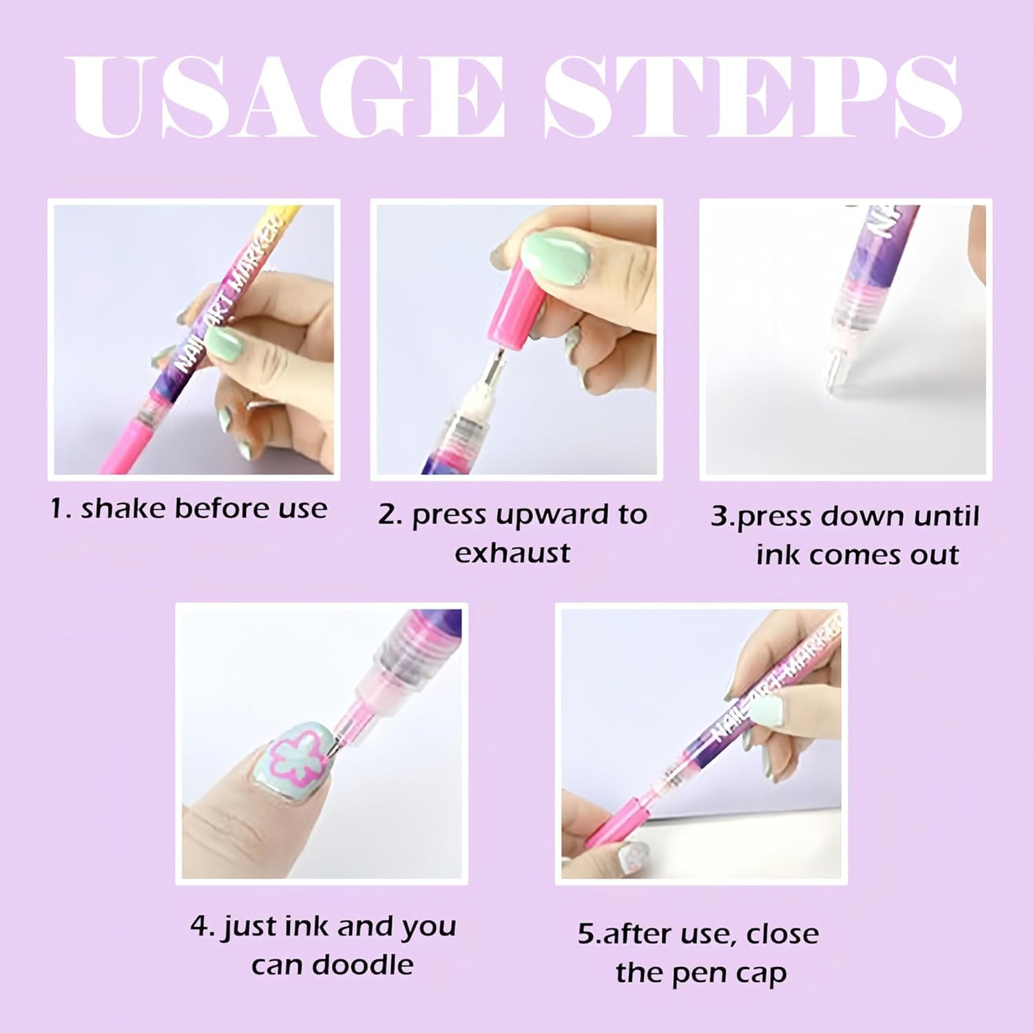 Nail Art Pens 12 Colors, Water-Based Quick Dry Nail Art Markers for Painting, Drawing, Dotting, DIY Nail Design for Kids, Girls, Home Salon (24Pcs) image number 2