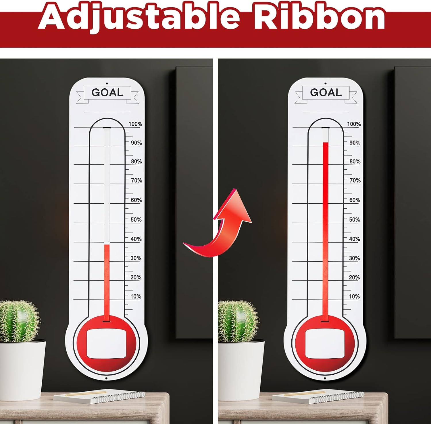 5 Pcs Goal Chart Fundraising Thermometer Goal Setter Board Goal Tracker Giant Goal Chart Goal Tracker Dry Erase Goal Setting Wall Mounted Thermometer with Pull through Ribbon, 46 X 12 Inches