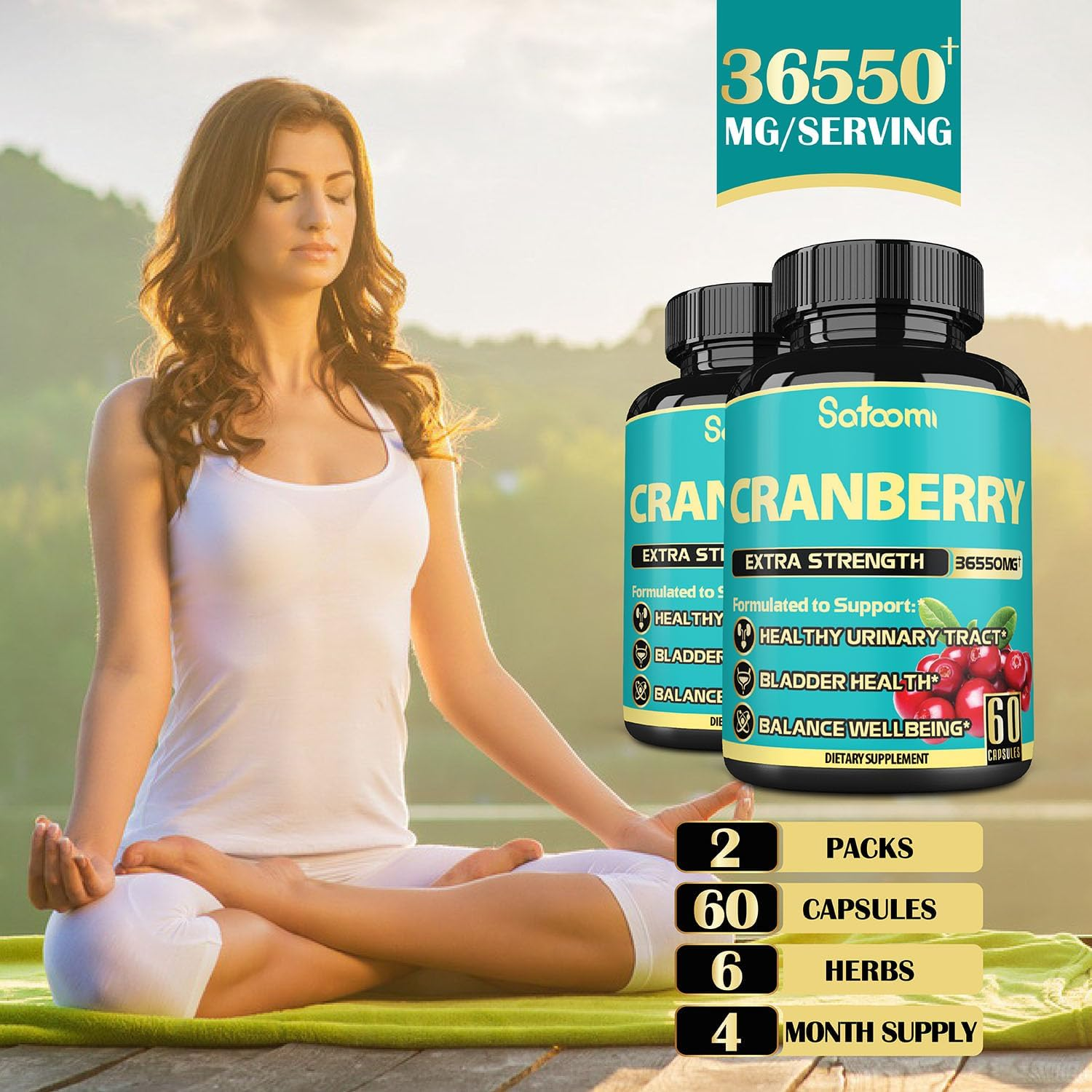2 Packs 60 Caps Cranberry Supplement for Women - Equivalent to 36550Mg of 6 Herbs - with D-Mannose, Turmeric & More - UTI, Immune, Digestion Support - for 4-Month Supply image number 1