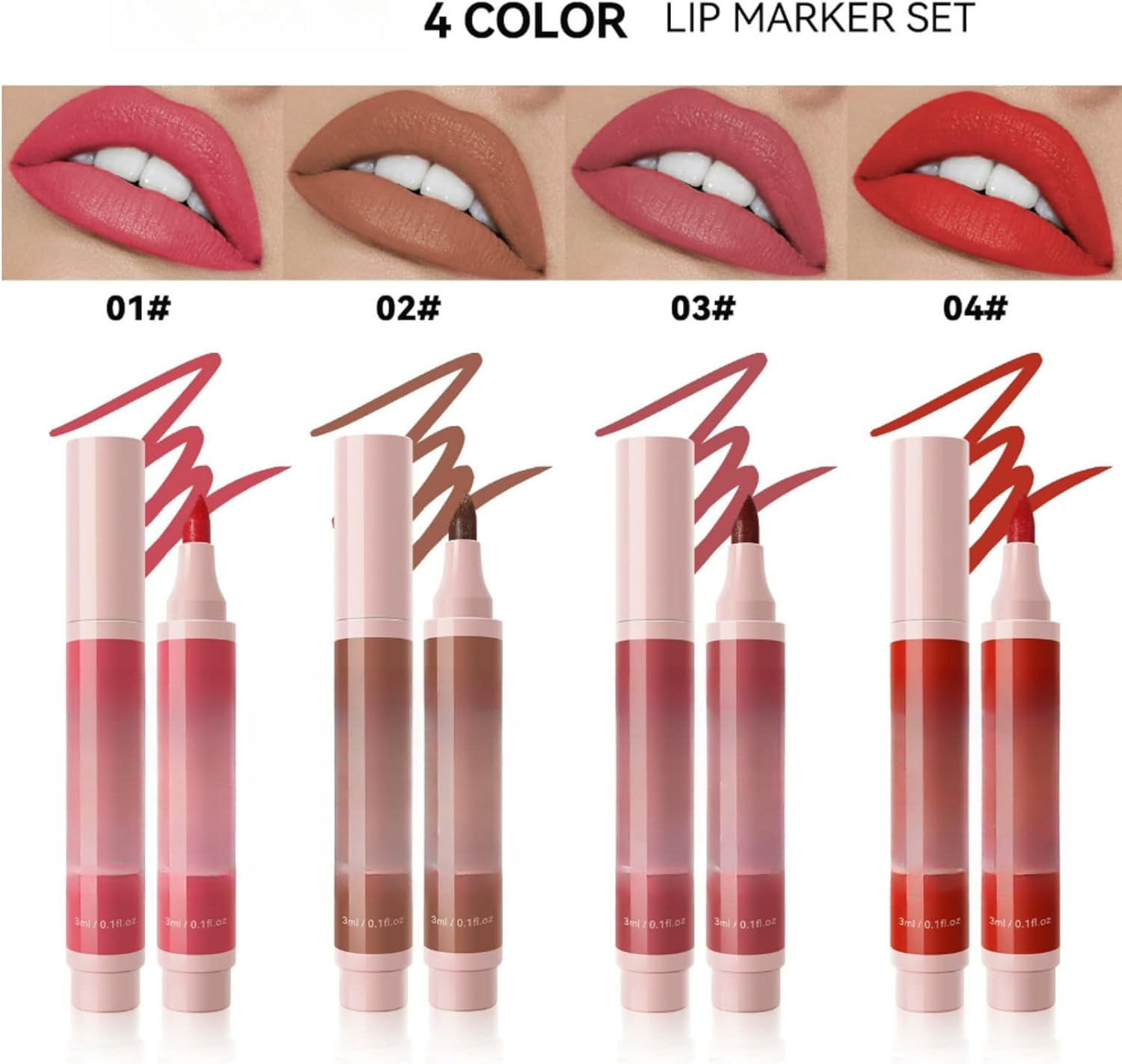 4Colors Lip Stain Marker &ndash; Long-Lasting Waterproof Lip Tint, High-Pigment Smudge-Proof Lip Stain Pen, 3Ml/Each image number 2