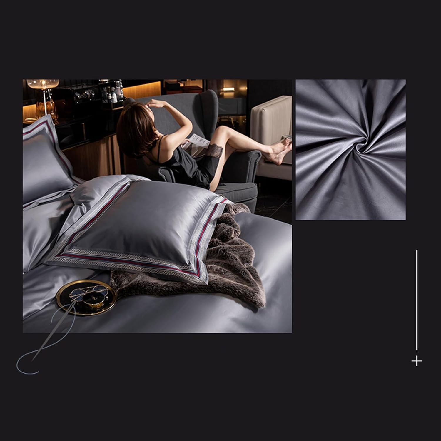 Luxury Satin Bedding 4 Piece 500TC Egyptian Long-Staple Cotton Sateen Comforter Cover Sets Super Soft Quilt/Duvet Cover Set with Fitted Sheets (Color : Graey A, Size : 200X230-150X200Cm)