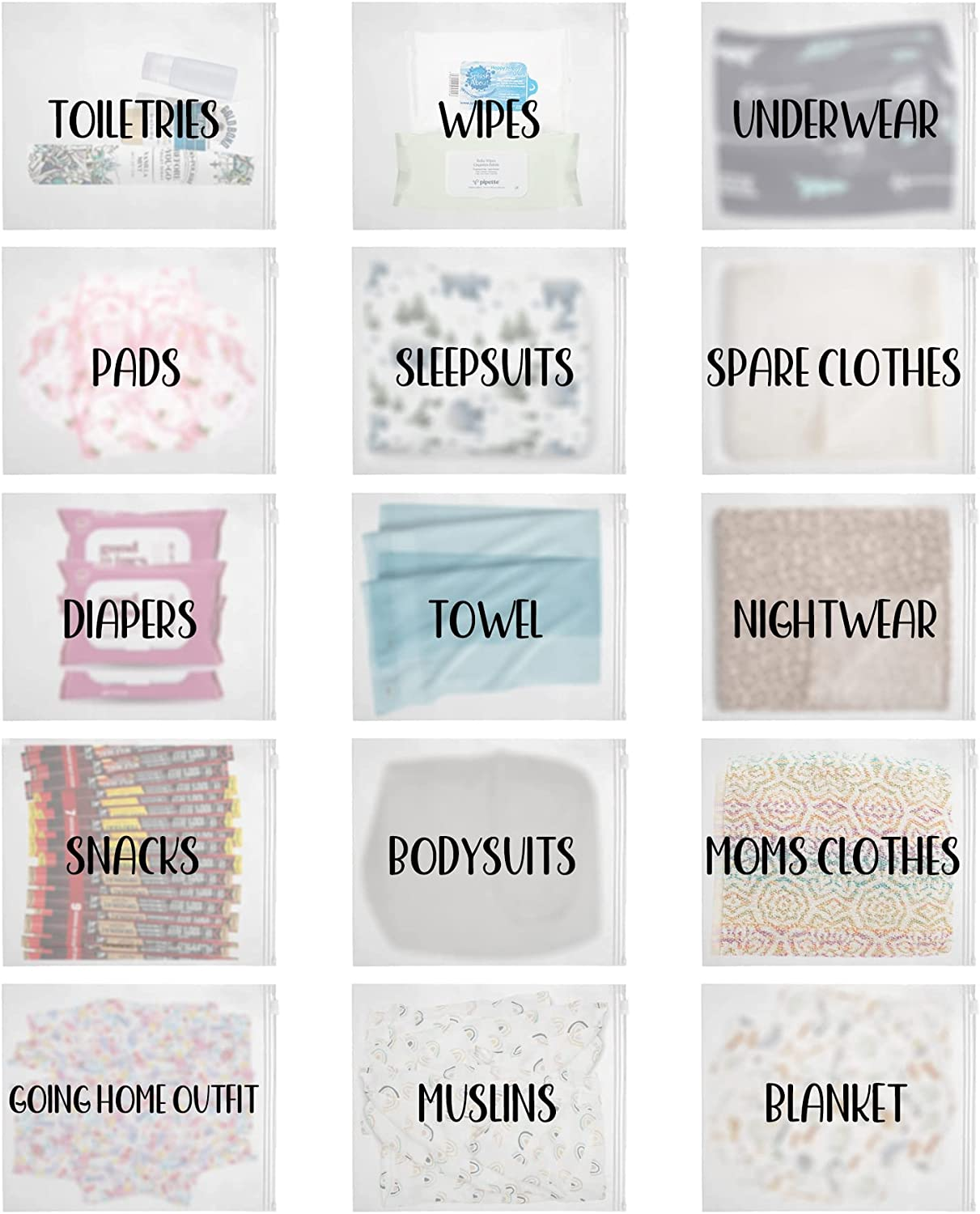 Agromusk 15 Pack Hospital Bags for Labor and Delivery,11 X 14 Inch Maternity Bag Essentials Mommy Born Baby,Diaper Organizing Pouches Resealable Frosted Pre Packed First Time Mom Must Haves