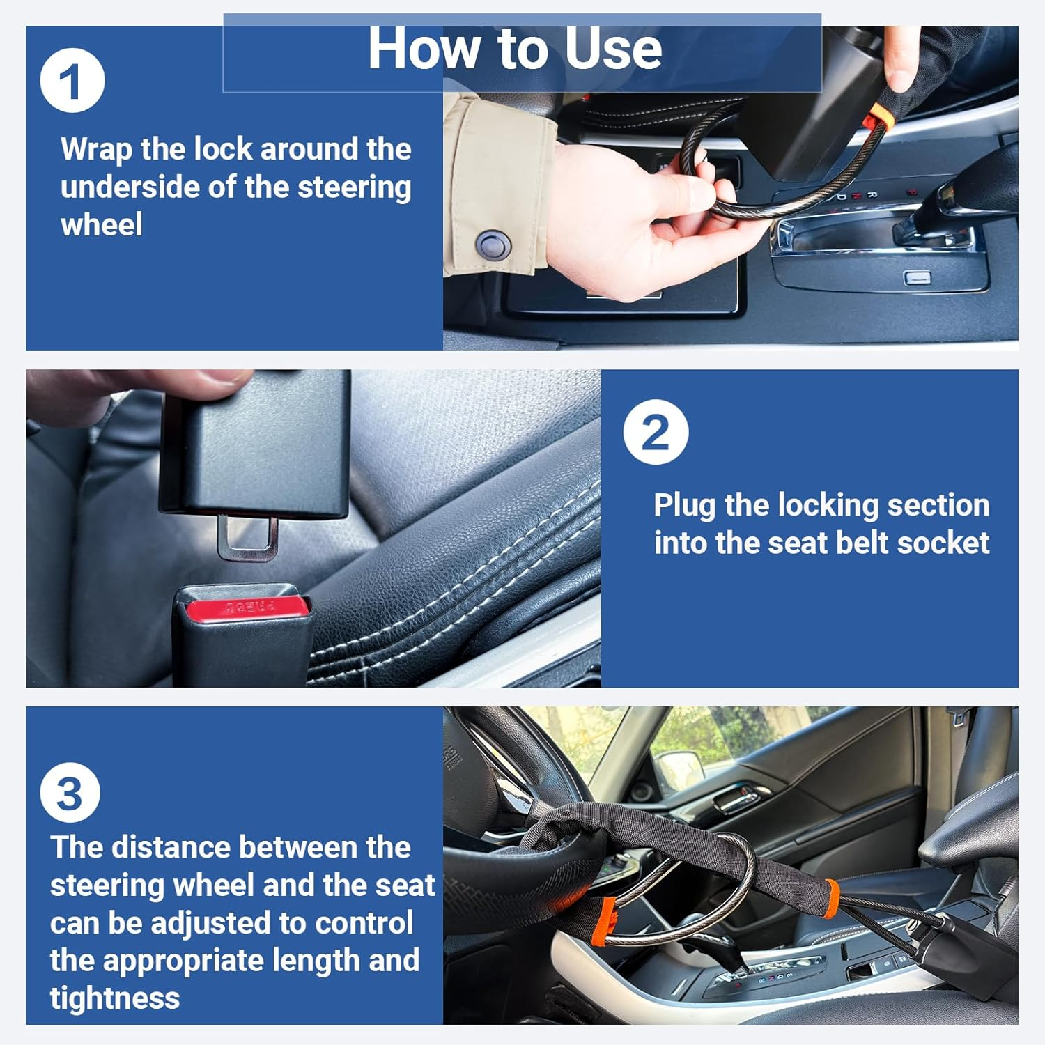 Car Steering Wheel Lock, Lightweight anti Theft Club Lock, 43Cm Universal Seat Belt Buckles Sturdy Lock with 3 Keys, Fit Most Vehicle Car SUV Truck Van (Black)