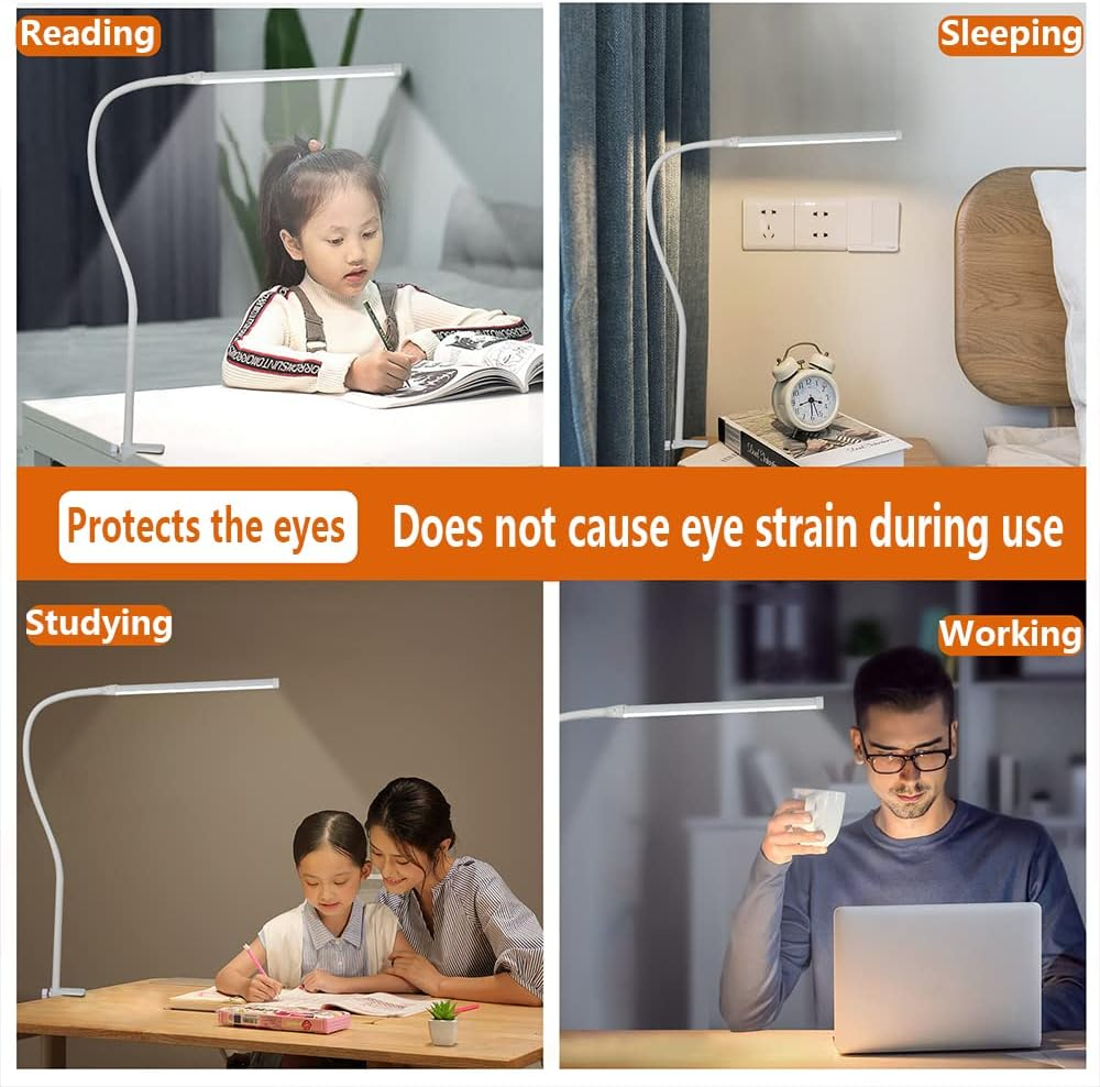 Desk Lamp, LED Desk Lamps with Clamp 3 Color Modes & 10 Brightness Levels Eye-Caring Reading Light Gooseneck LED Book Lights, Easy Clip on Desk Light for Home Office(White) image number 3