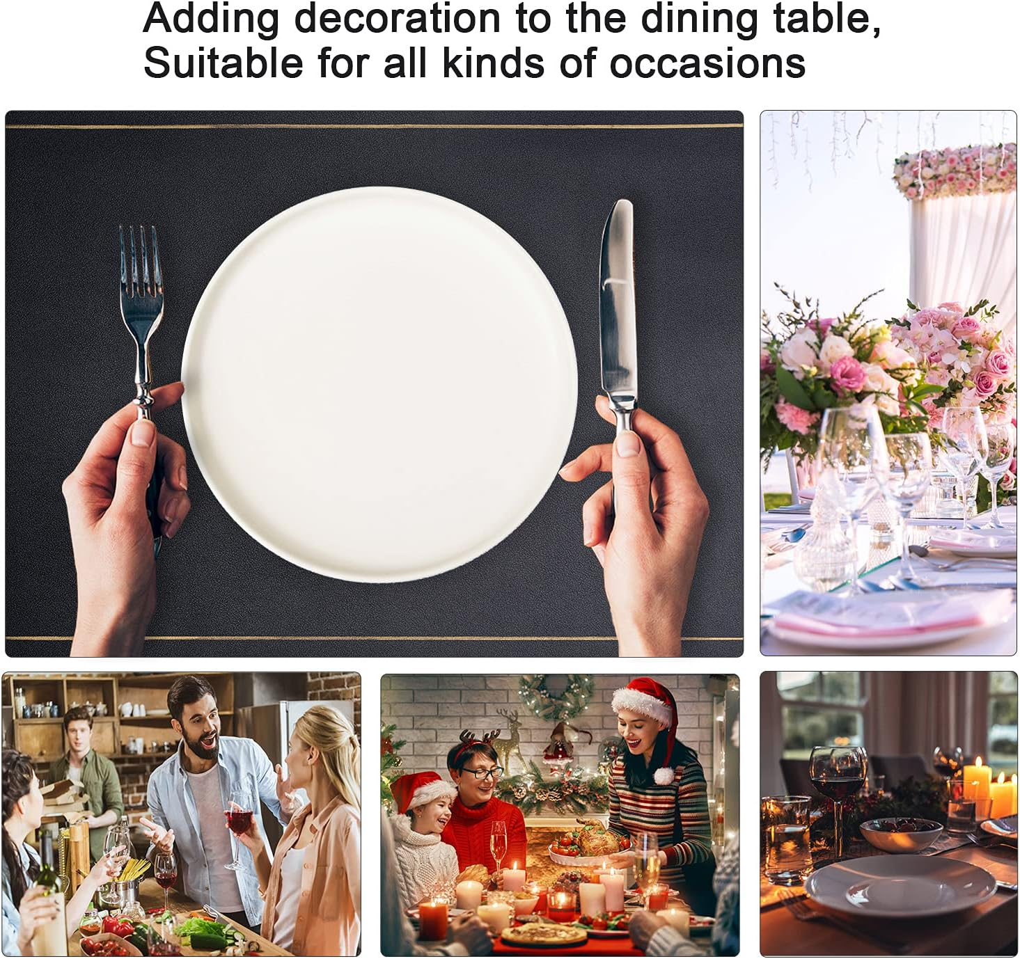 Excovip Leather Placemats for Dining Table, Set of 6，Waterproof Wipeable PU Leather Place Mats Stain-Proof Non-Slip Table Mats for Easter Thanksgiving Christmas New Year Party Home Decor(Black) image number 6