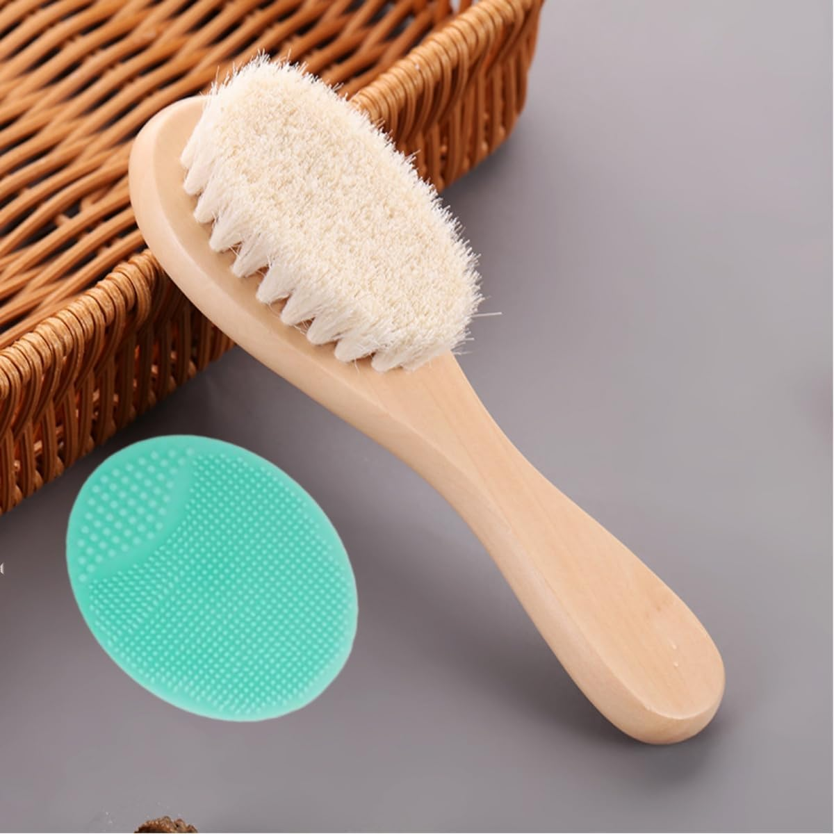 Goat Bristles Brush and ，Hair Brush with Extremely Soft Bristles Silicone Brush Set for Cradle Cap Wood Cradle Cap Brush for Boys & Girls 2 Pcs image number 2