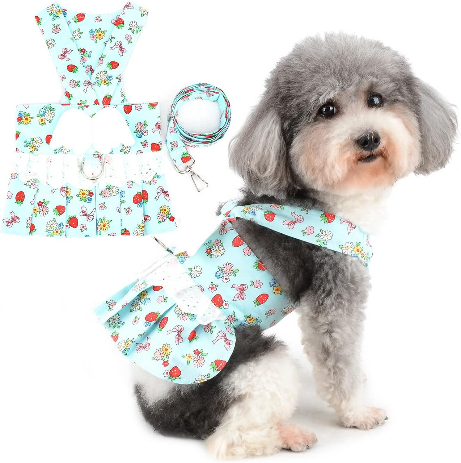 Zunea Small Dog Harness Dress with Leash Set No Pull Puppy Girls Vest Harnesses with Angel Wing Cute Princess Dresses with D Ring Flowers Strawberry Printed Pet Cat Chihuahua Clothes Blue M image number 4
