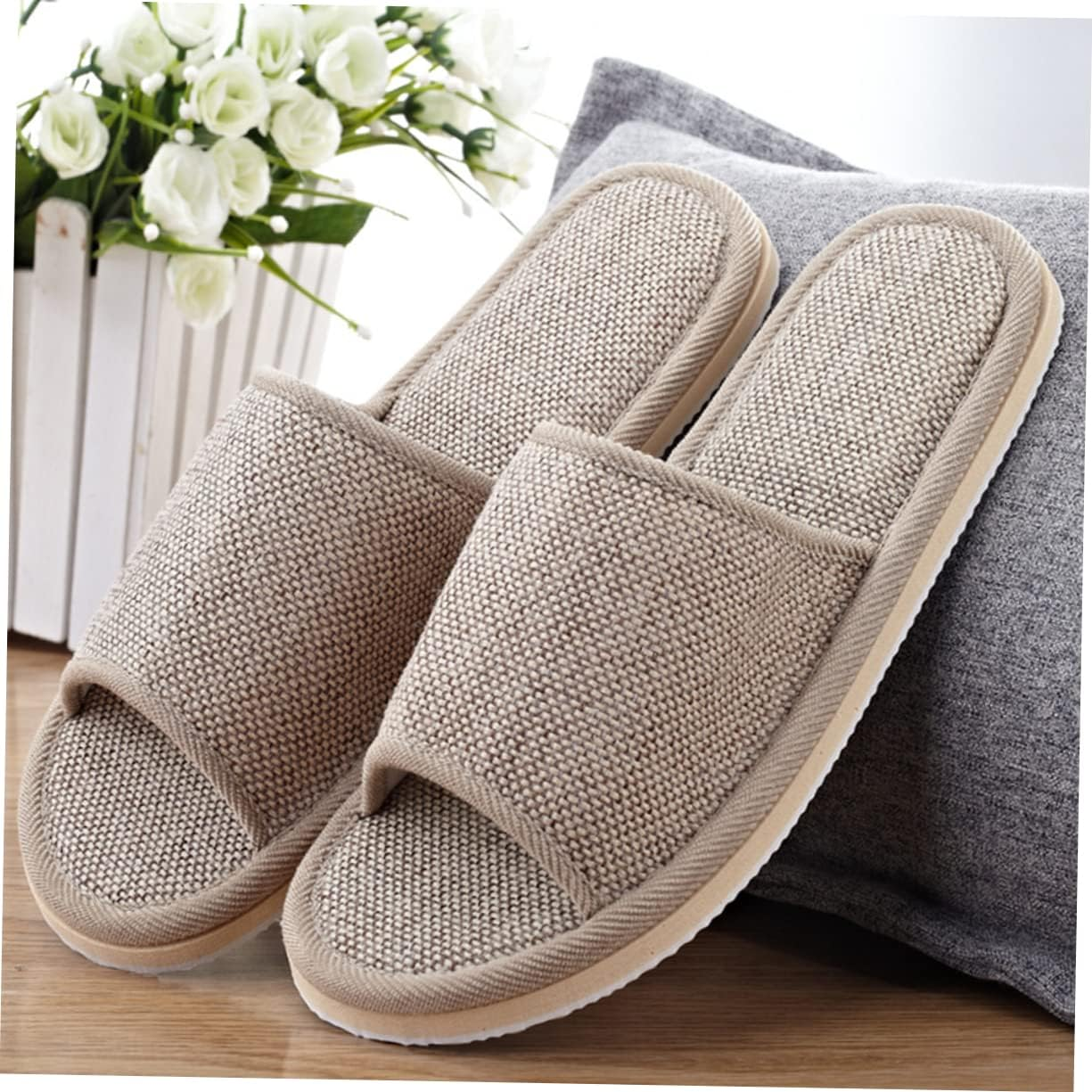 IWOWHERO 2 Pairs of 26Cm Anti-Slip Eva Open-Toe Slippers for Summer Beige Linen Slippers for Home and Hotel Suitable for Men and Women