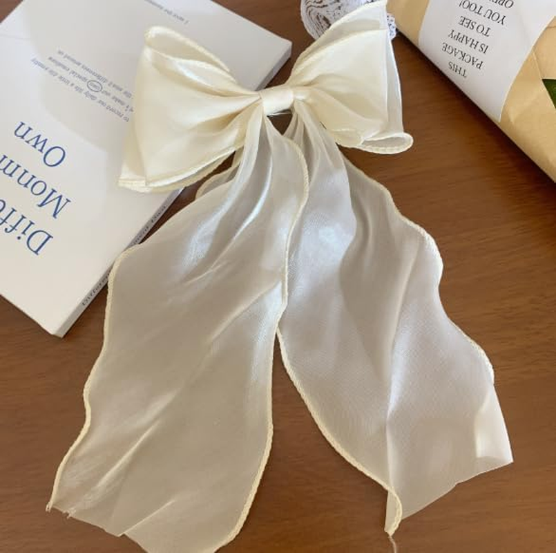 4Pcs Large Hair Bow Clips Set, White Pink Blue Purple Silk Yarn Ribbon Hair Barrettes for Women, Elegant Long Tail Bowknot French Hairstyle Accessories for Wedding, Parties, Festivals image number 3