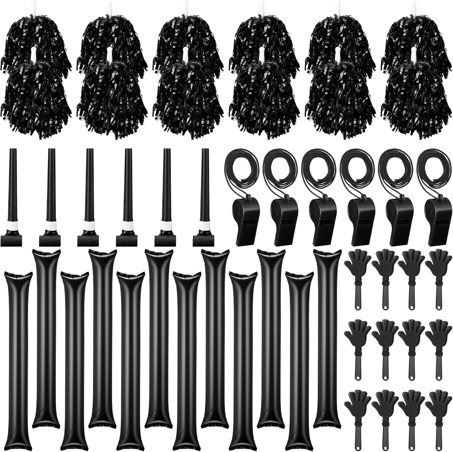 48 Pcs Cheerleading Pom Poms Thunder Sticks Hand Clappers Plastic Whistles with Lanyards Squawker Horns