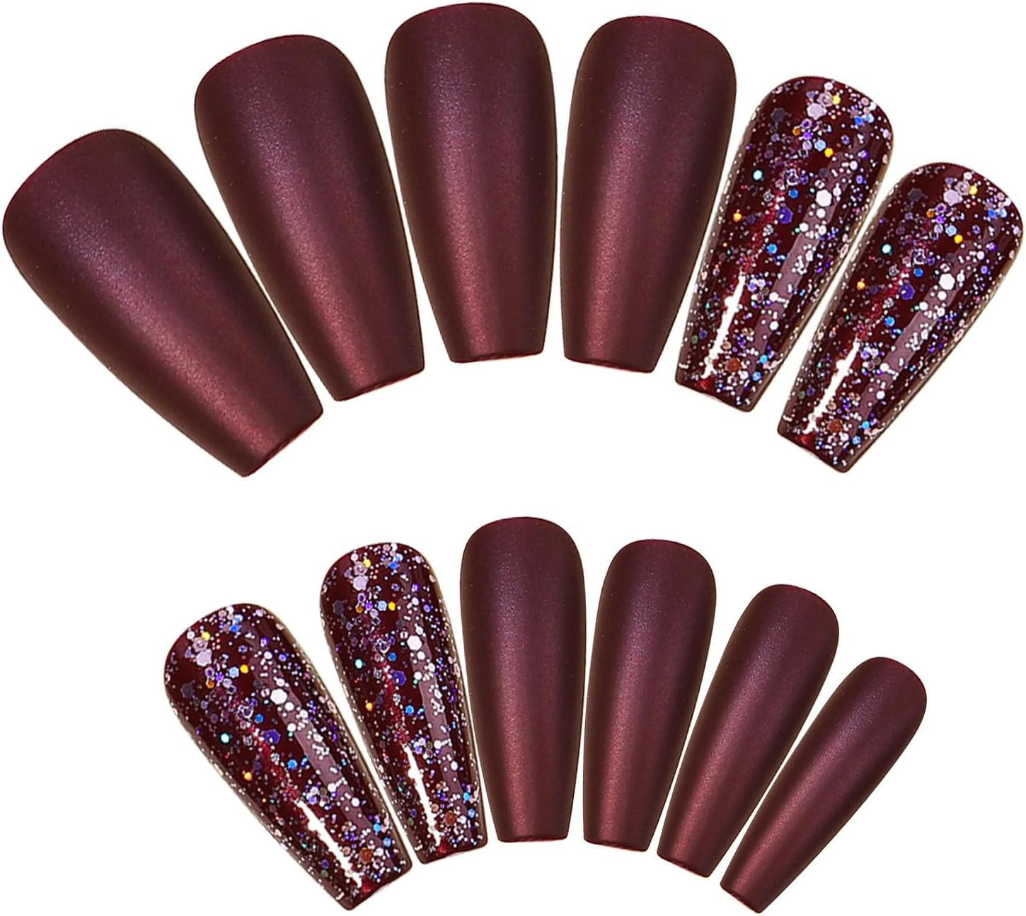 Mouyouglow Press on Nails Medium Length, Ballerina Dark Purple Glitter Fake Nails with Nail Glue, Dark Purple Sparkly Artificial Fingernails image number 4