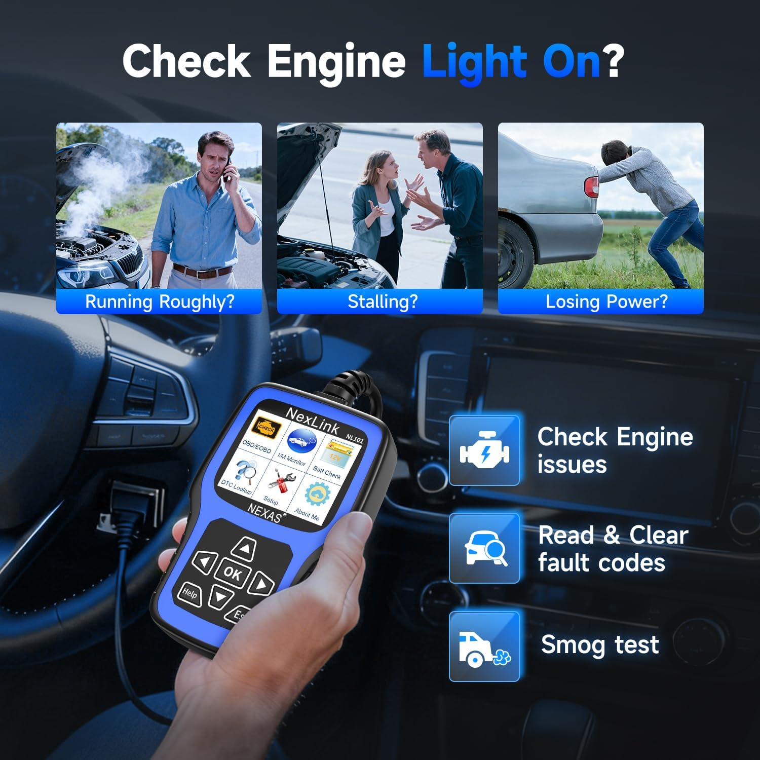 NEXAS NL101 OBD2 Scanner Diagnostic Tool & Battery Tester, Check Car Engine Light Code Reader Scan Tool with Full OBDII Function Live Data Stream for All Vehicles, F-Ree Protective Case & Update image number 6