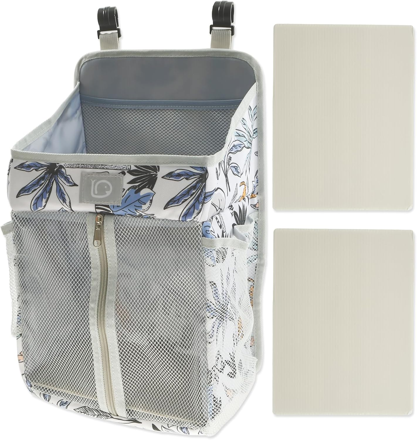 Baby Crib Hanging Caddy Organizer, Multi Pocket Baby Diaper Hanging Bag, Nappy Stack Organizer, Machine Washable for Wipes Nursery (White Animal)