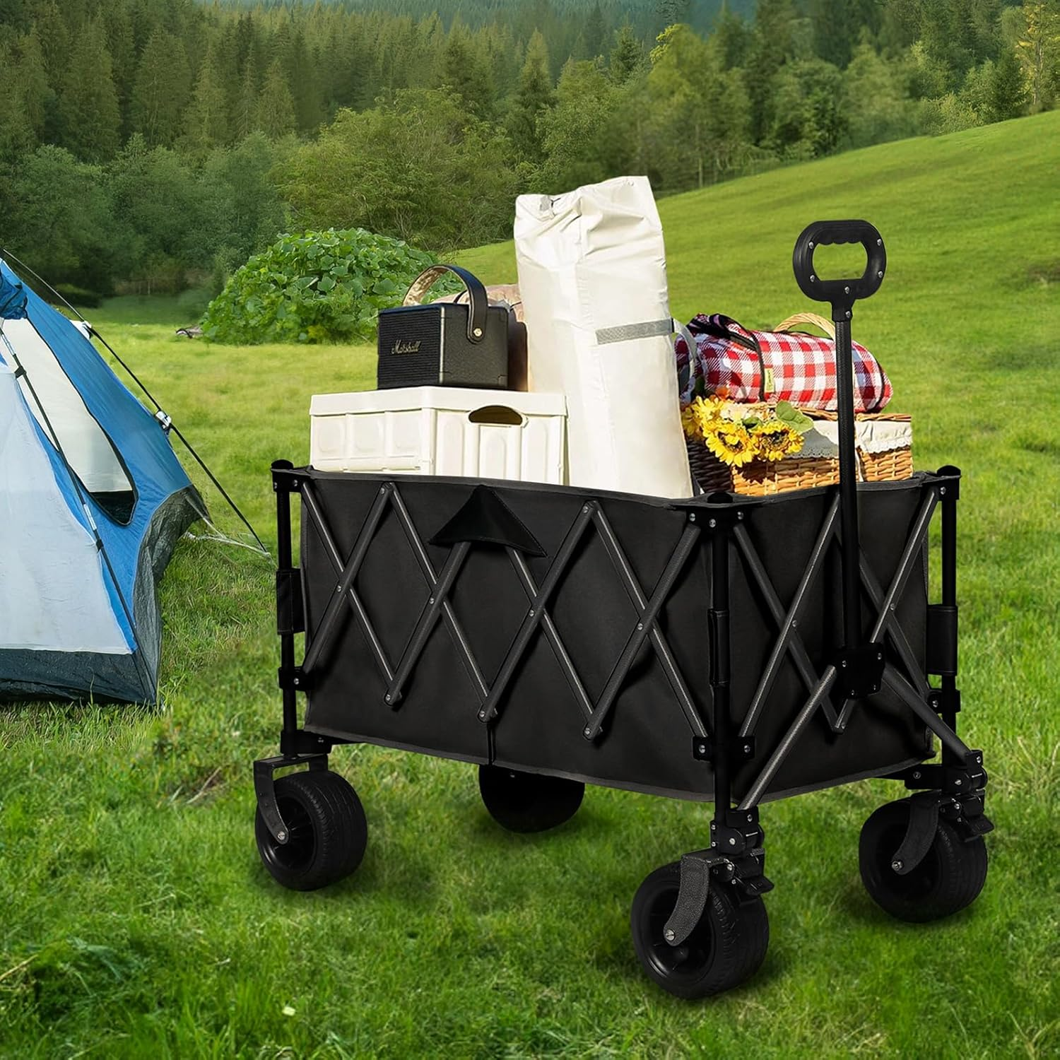 Lambu Foldable Camping Trolley Cart,240L Camping Cart Collapsible Portable Wagon Cart,Heavy Duty Folding Wagon Large Capacity Shopping Cart,Garden Outdoor Park Utility Beach Trolley (Black) image number 6