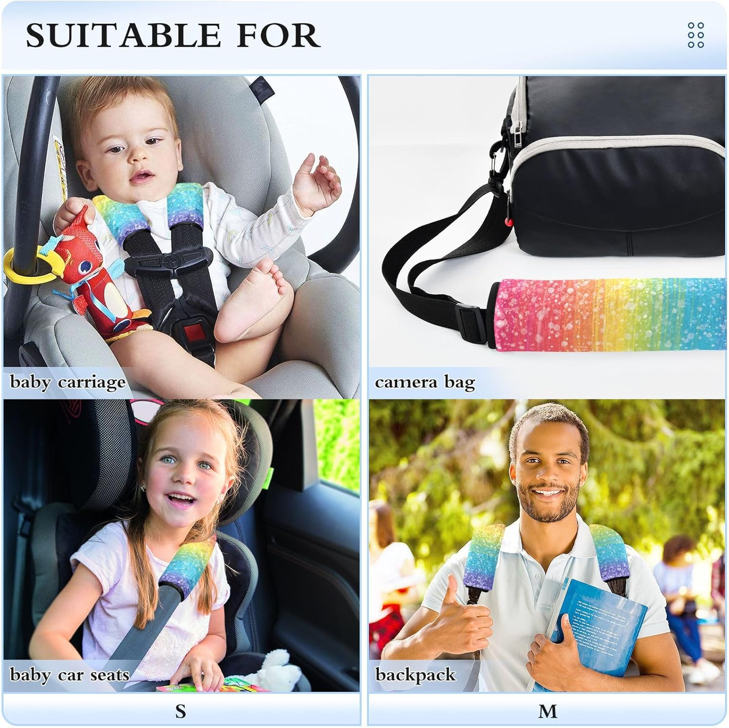 Glitter Rainbow Soft Seatbelt Cover, Padded with Cotton, Shoulder Strap Pads for Bags, Car Seat Strap Covers for Infant Car Seat