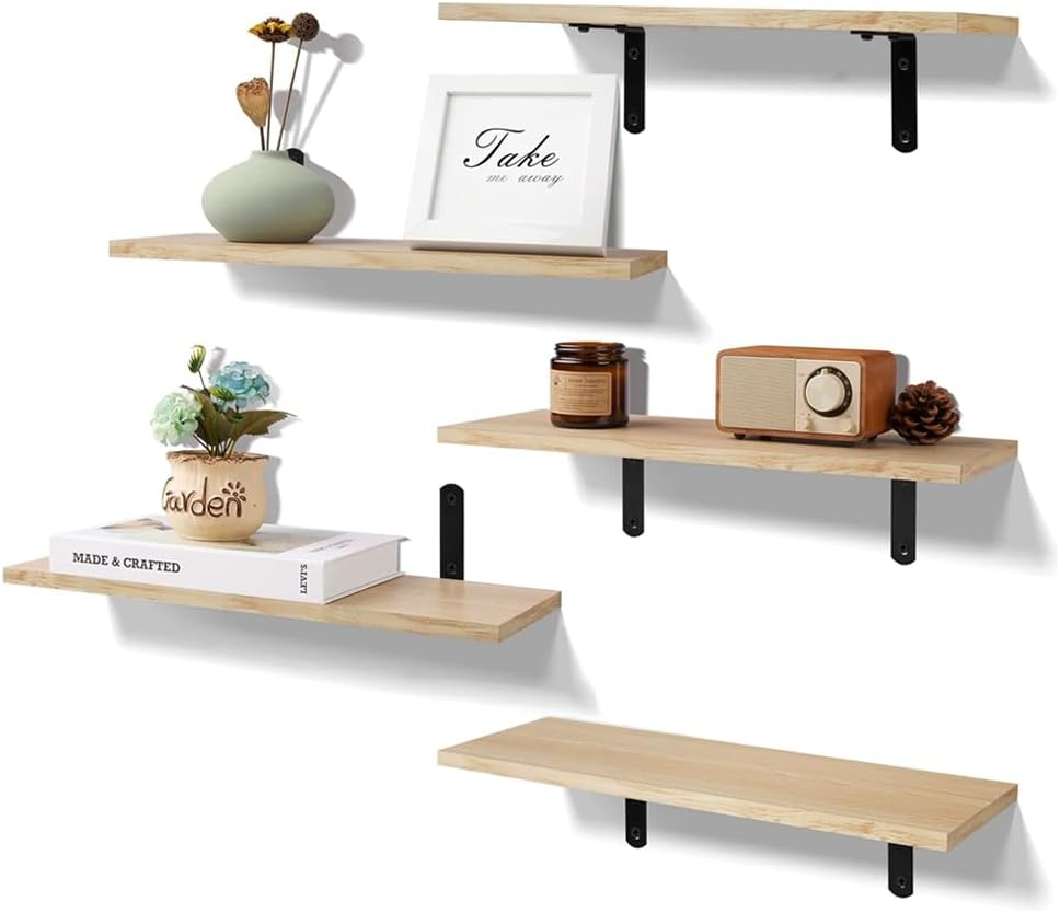Delsol Wall Floating Shelves Wood Shelves 5Pcs Set Home Decor Wall Mounted Storage Rustic Wood Farmhouse Shelf for Bedroom, Living Room, Kitchen, Bathroom (Black)