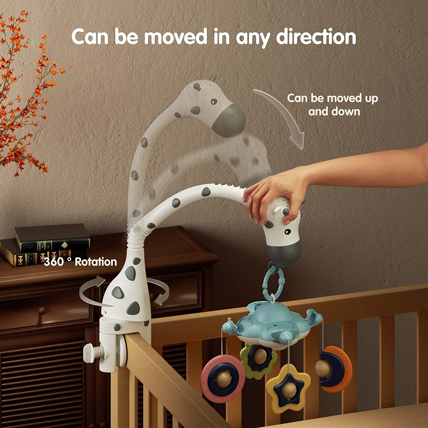 TUMAMA Baby Cot Mobile,3 in 1 Crib Toys with Remote Control,Projection Night Light, Music and White Noise, Mute Spin Motor Nursery Sensory Toys for Infant 0 3 6 9 Month Newborn Xmas Gift image number 4