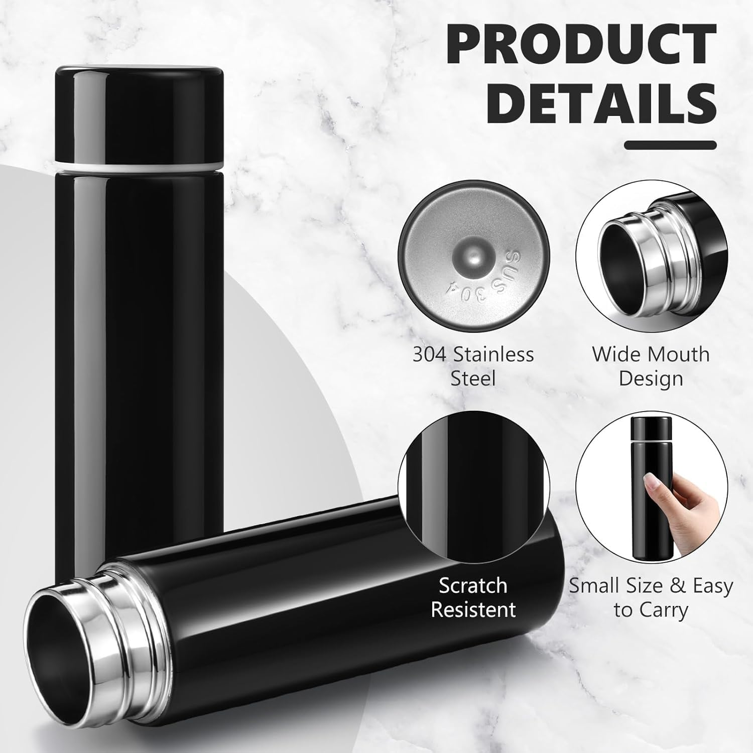Mini Stainless Steel Vacuum Insulated Water Bottle - Cute Slim Design for Kids (Black)