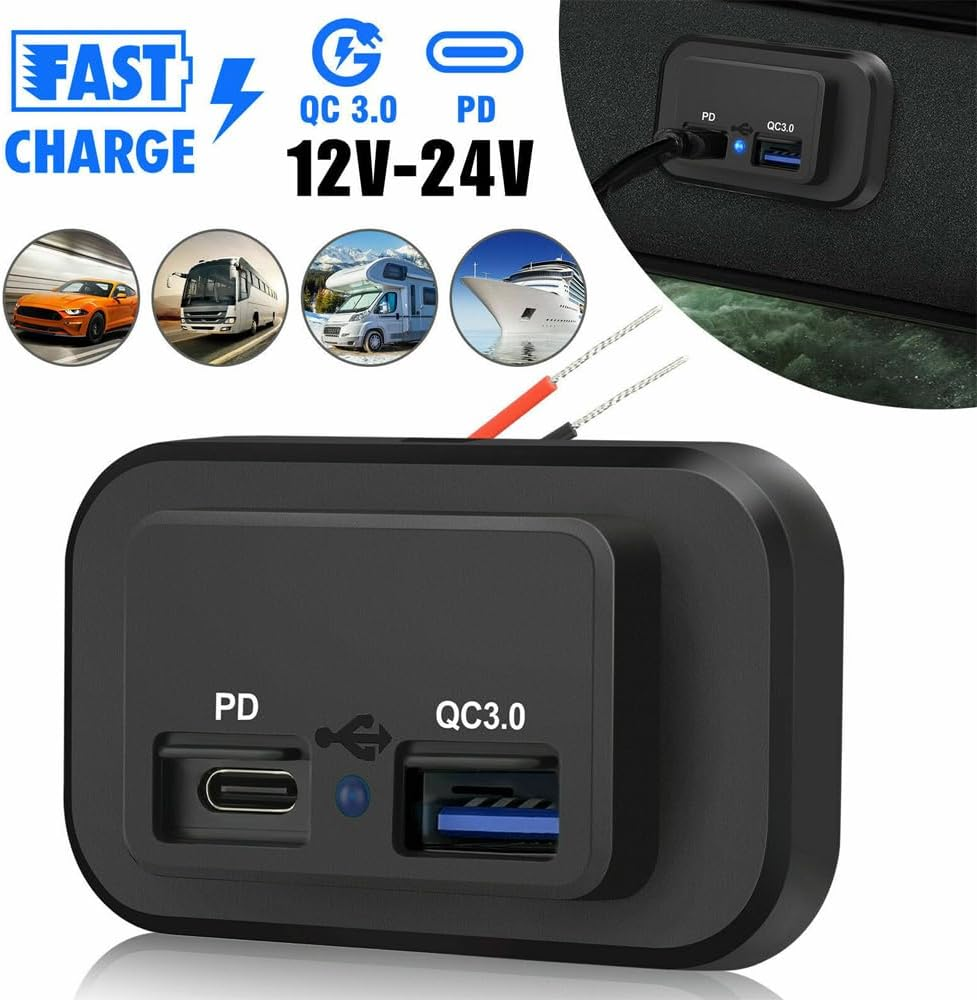 Fast Charger Socket Power Outlet Waterproof 12/24V PD+QC3.0 Dual USB Port Car RV image number 4