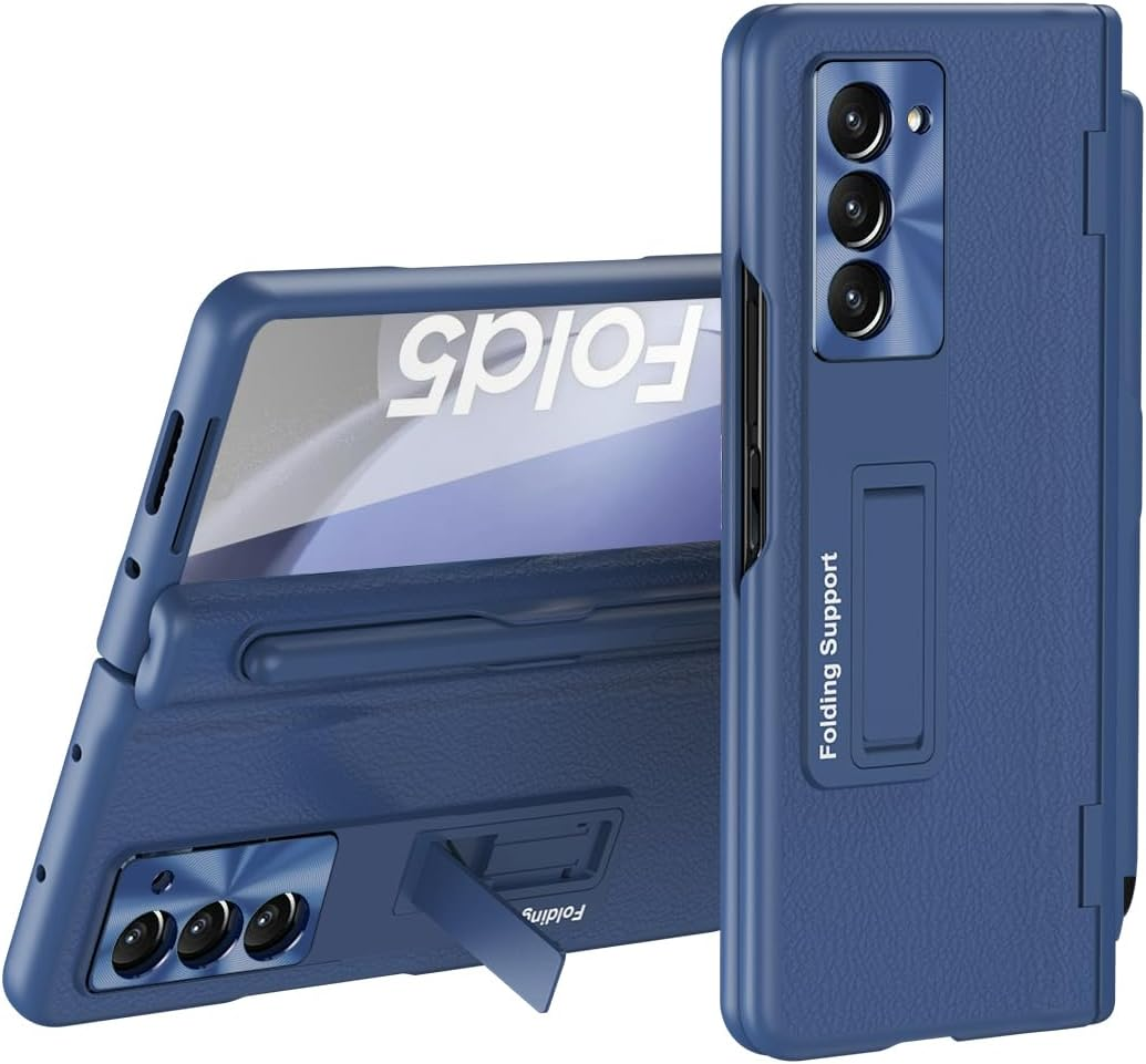 COQUE Samsung Galaxy Z Fold 6 Leather Case with Screen Protector, Stand Cover with Full Body Protection for Hinges - Stylus Slot - Blue