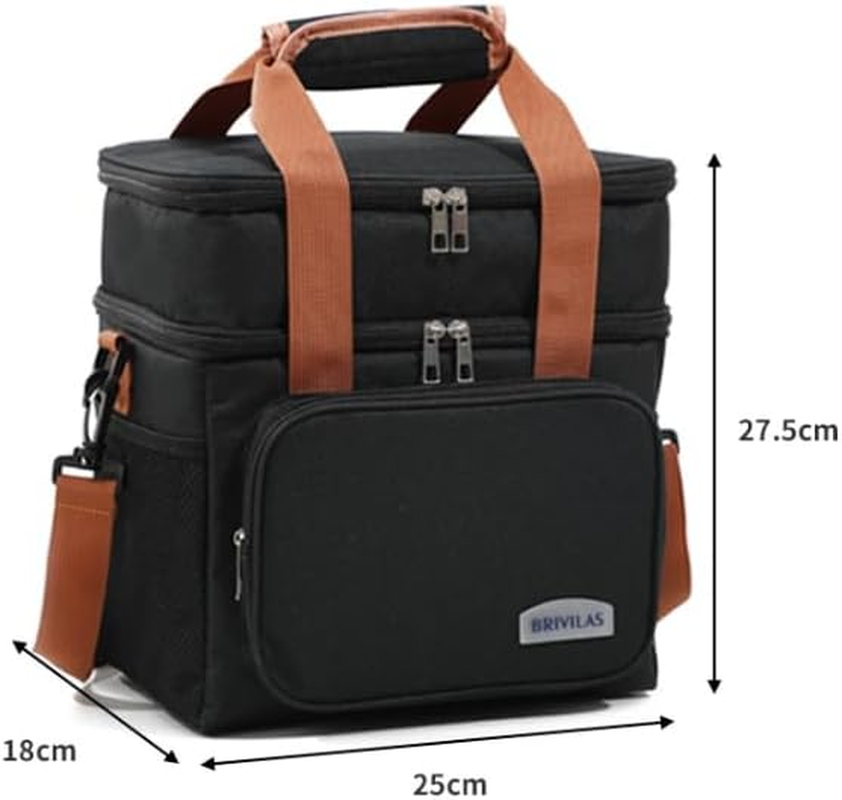 Insulated Lunch Box for Men & Women - Collapsible Cooler Bag Leakproof Double Deck, Large 12.5L Adult Lunch Bags for Work, Travel - Black Lunch Bag Cooler Lunch Box with Adjustable Strap