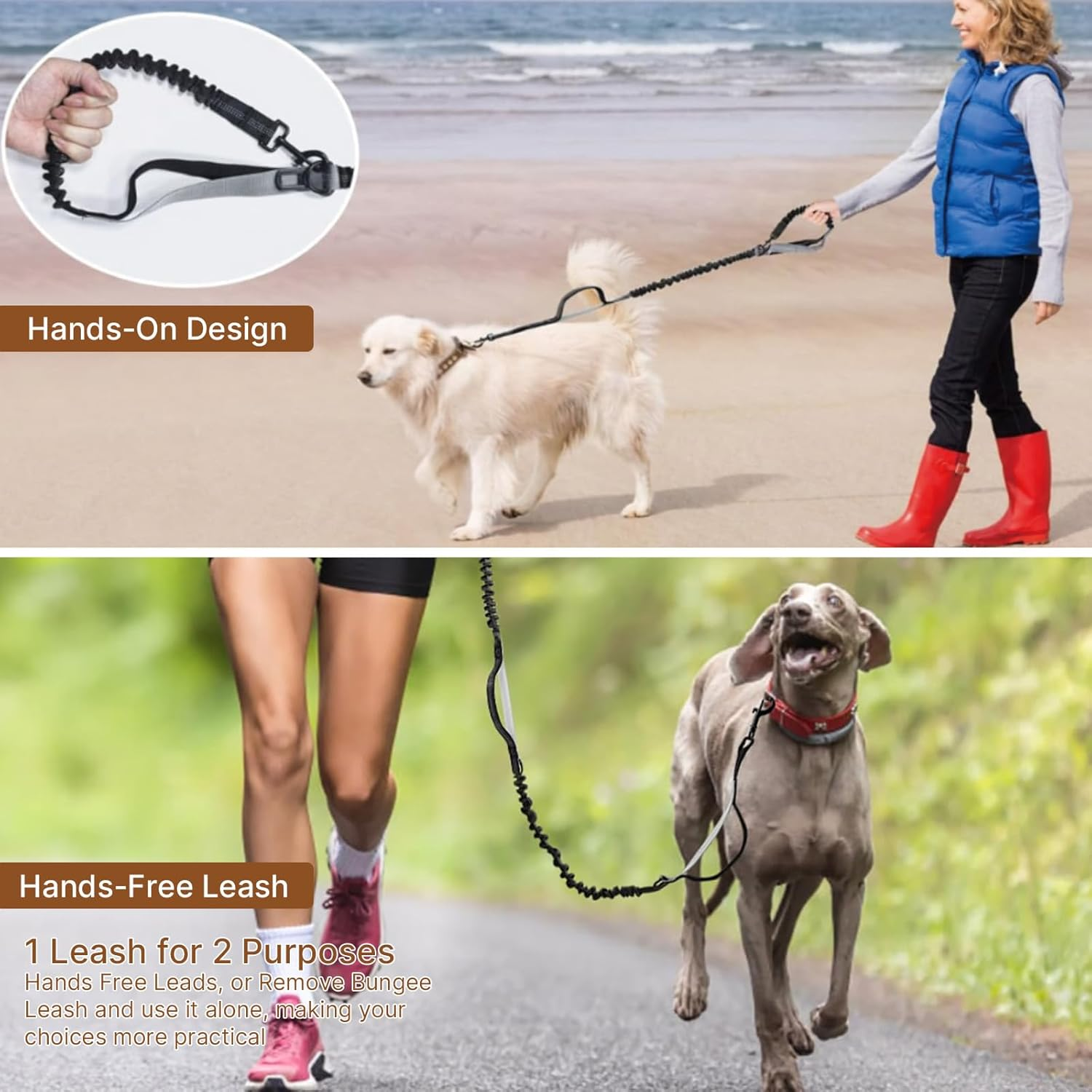 VCCLFSIA Hands Free Dog Leash with Zipper Pouch, Dog Running Leash with Adjustable Waist Belt, Double Padded Handles, Safety Harness Buckle, Reflective Retractable Bungee for Medium & Large Dogs image number 5
