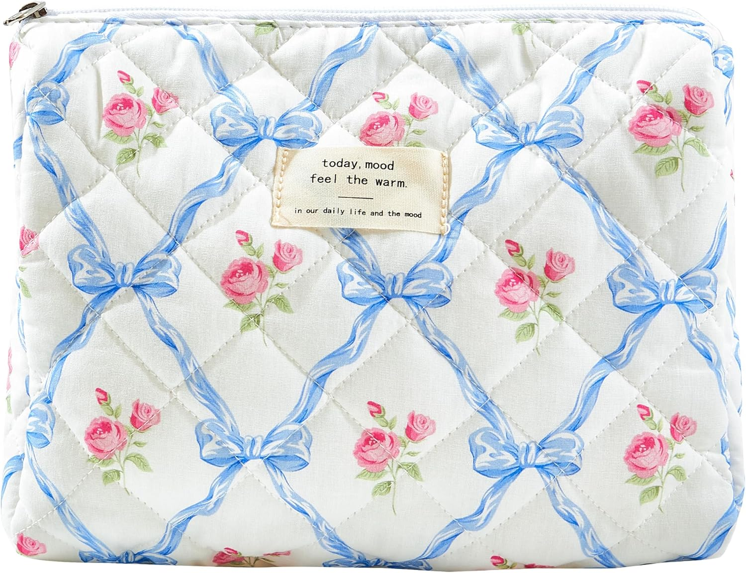 Makeup Bag Large Travel Quilted Cosmetic Makeup Bag Organizer, Floral Cotton Coquette Aesthetic Toiletry Bag for Women Girls, Blue Romantic Rose-L, Floral