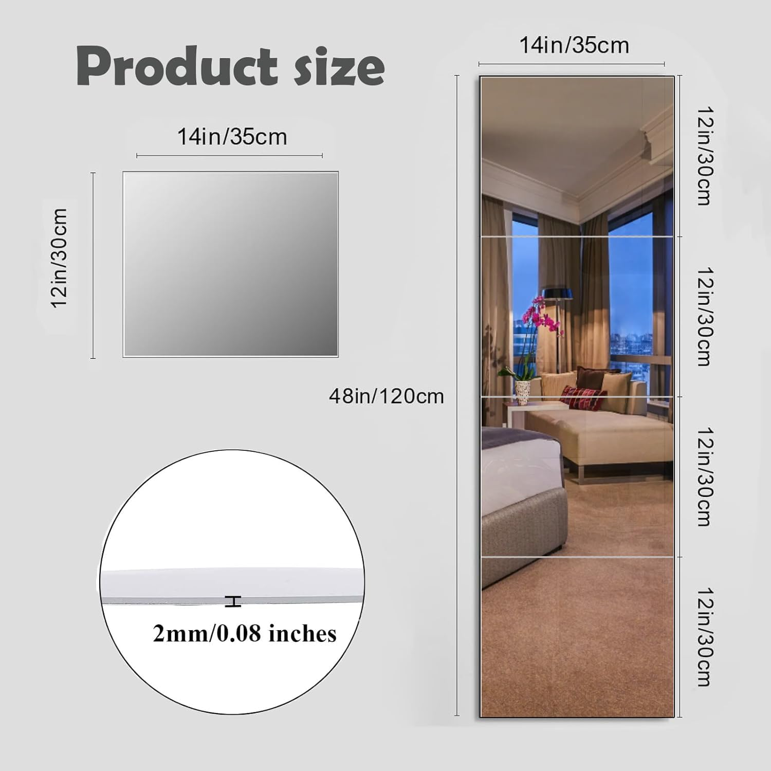4 Pack Mirror Wall Full Length, 12X14 Inch Acrylic Mirror, Wall Mirror Full Length for Bedroom, Home Gym, Door, or Dorm, Full Body Mirror Tiles, Mirror Stickers for Walls,Mirror Sheets(Thickness 2 Mm) image number 5