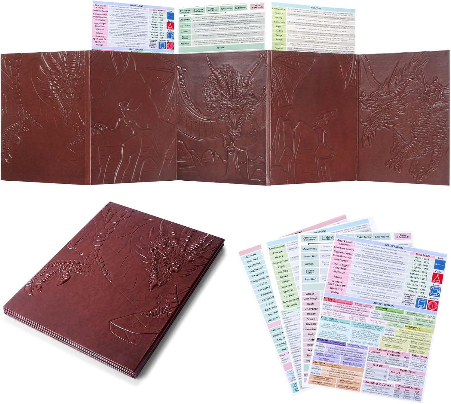 Famard DND DM Screen 5E with 5 Panels, 3D Embossed Faux Leather Dungeon Master Screen with Clear GM Pockets, Dungeons and Dragons Accessories for DND Lovers image number 1