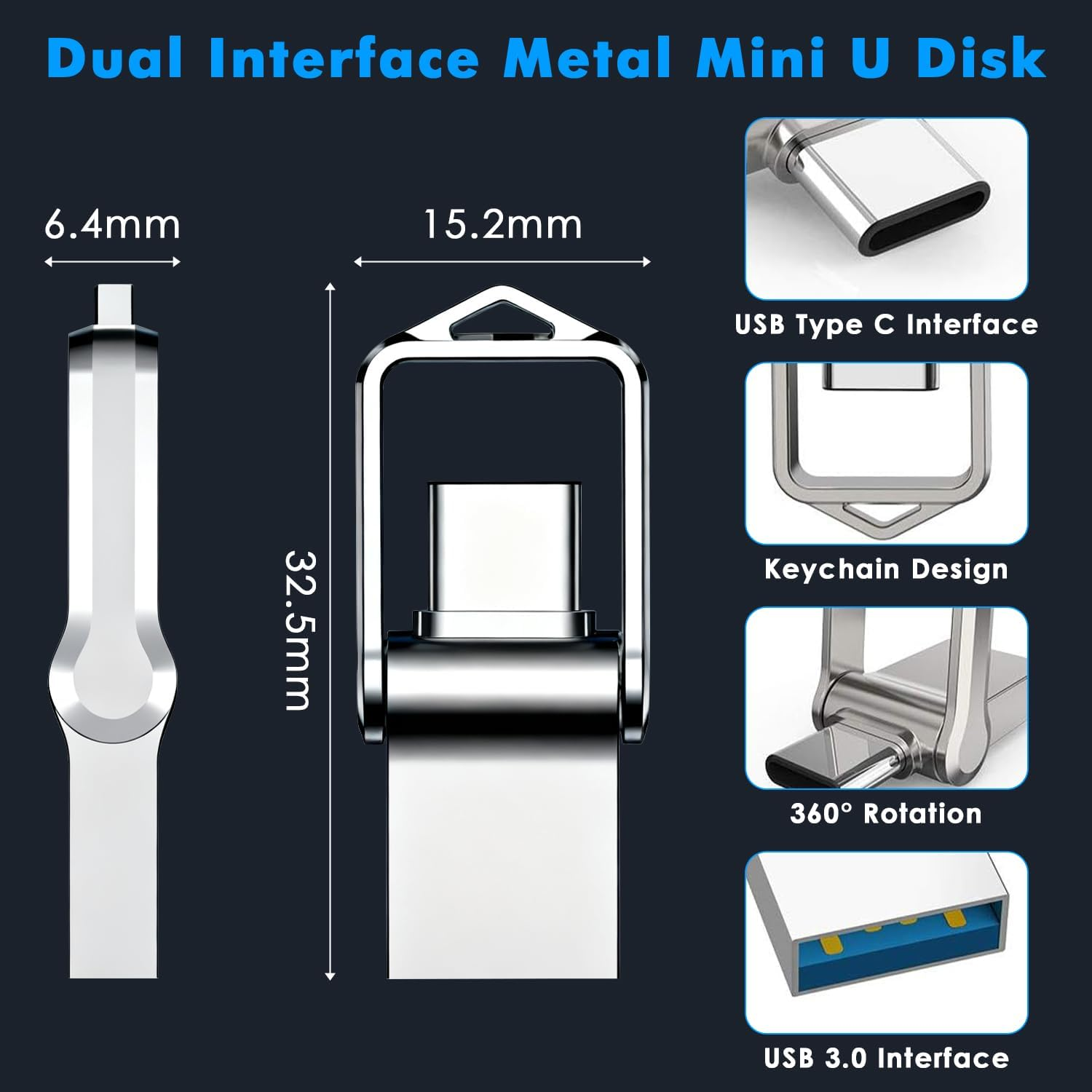 64GB Actual 2TB Dual Drive USB 3.0 and Type-C Flash Drive, Read up to 100Mb/S, Metal Swivel 2-In-1 USB Stick with Type-C and Type-A, Memory Stick for USB 3.0, 2.0 Device image number 1