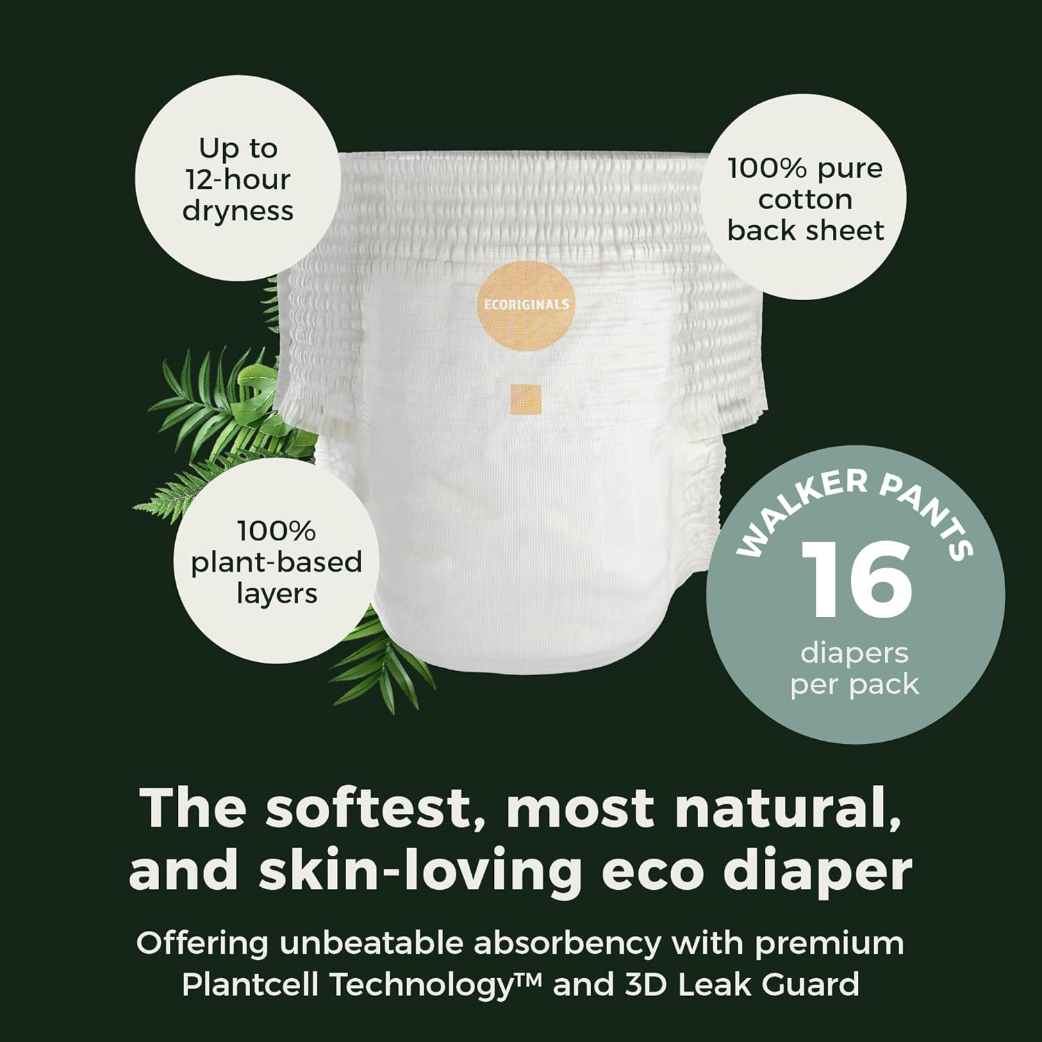 Ecoriginals - 16 Eco Walker Pull up - Nappy Pants Size 5 with 100% Plant-Based Layers, Disposable Pull Ups & Hypoallergenic Baby Essentials for Toddlers - Secure Fit Nappies (12-18Kg), 1 Pack image number 2