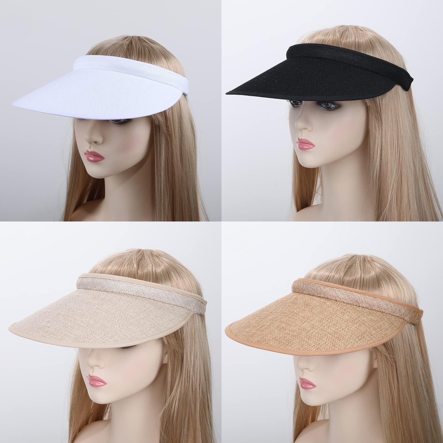 MULIMU 4-Pack Women Wide Brim Sun Visor UV Protection UPF50+ Hat Golf Visor with Clip - Blackwhitekhakbeige image number 2