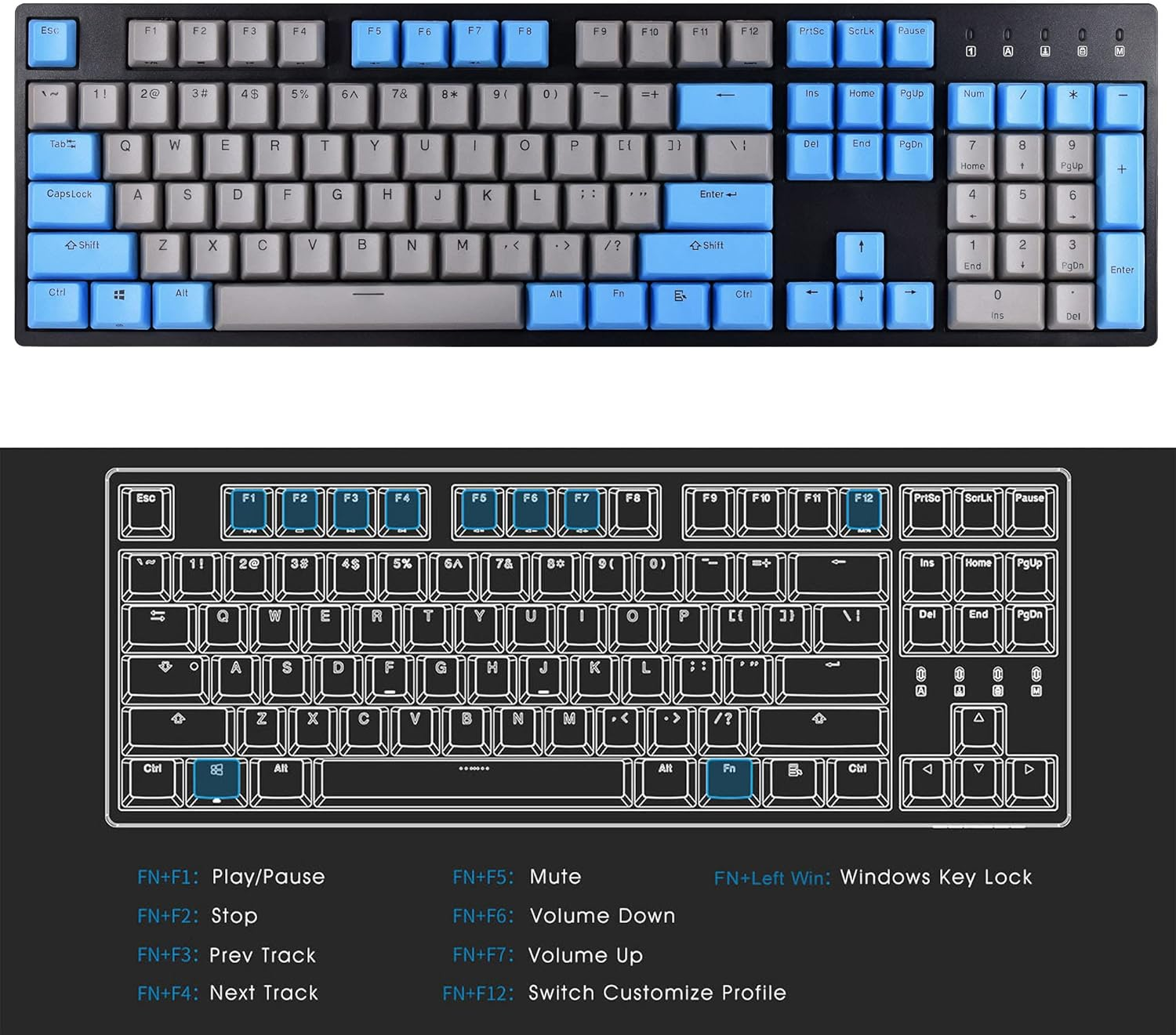 Durgod Taurus K310 Full Size Mechanical Keyboard | 104 Keys Tenkeyless | USB C Wired | Doubleshot PBT Keycaps | Programmable Keys | NKRO Rollover | Windows & Mac (Grey & Blue, Cherry Silent Red) image number 5