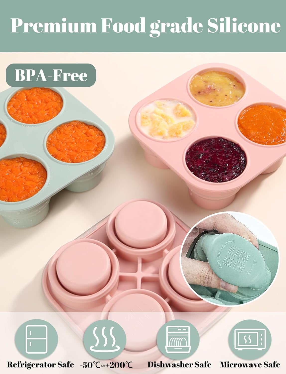 Stackable Reusable Baby Food Freezer Storage Tray Silicone Freezer Tray Storage Containers Baby Food Ice Cube Trays Milk Trays for Breastmilk Blue image number 3