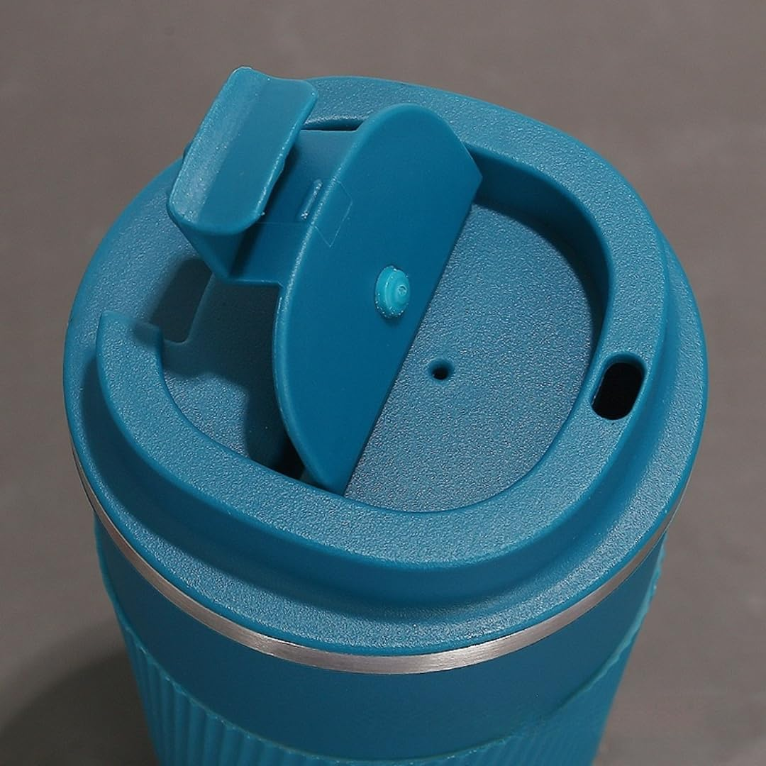 FAMKX Stainless Steel Insulated Travel Mug Flip up Tumbler, Double Wall Vacuum Thermos Cup Keep Drink Cold and Hot (Blue, 17 Ounces)