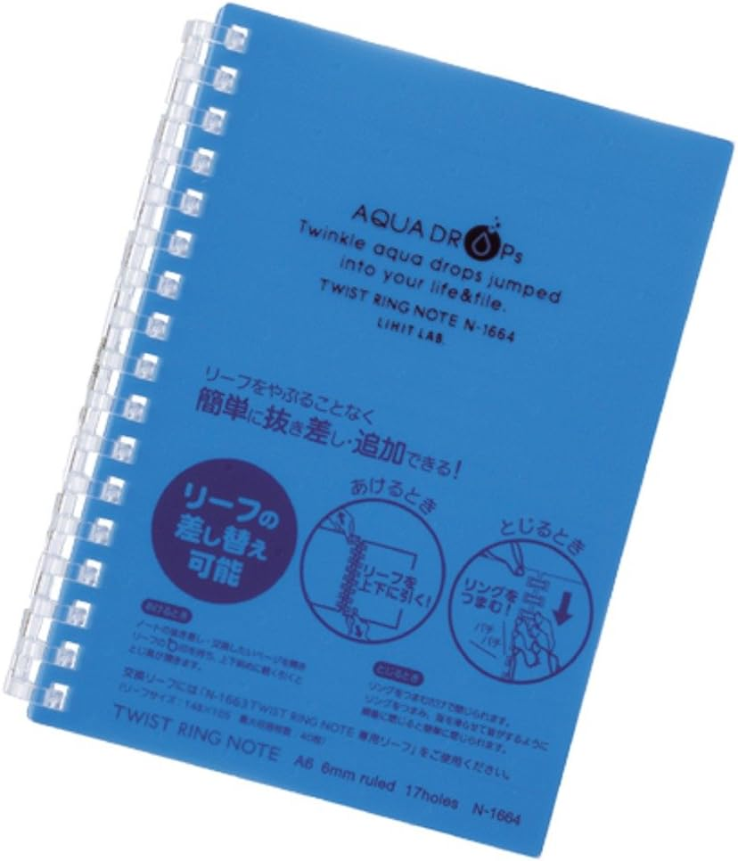 Lihit Lab N1664-8_10 Twist Notebook, A6, 17 Holes, 30 Leaves, Blue, 10 Packs