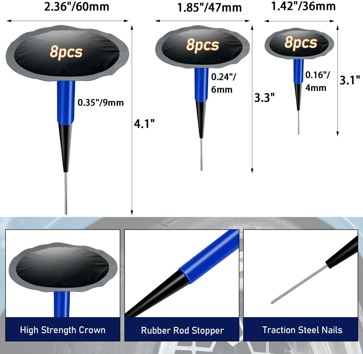 Tire Repair Patch Tool Kit Including 24Pcs Tire Patch Plugs, Tungsten Buffing Wheel, Tire Patch Roller with 4Mm Twist Drill Bits for Vehicle image number 4