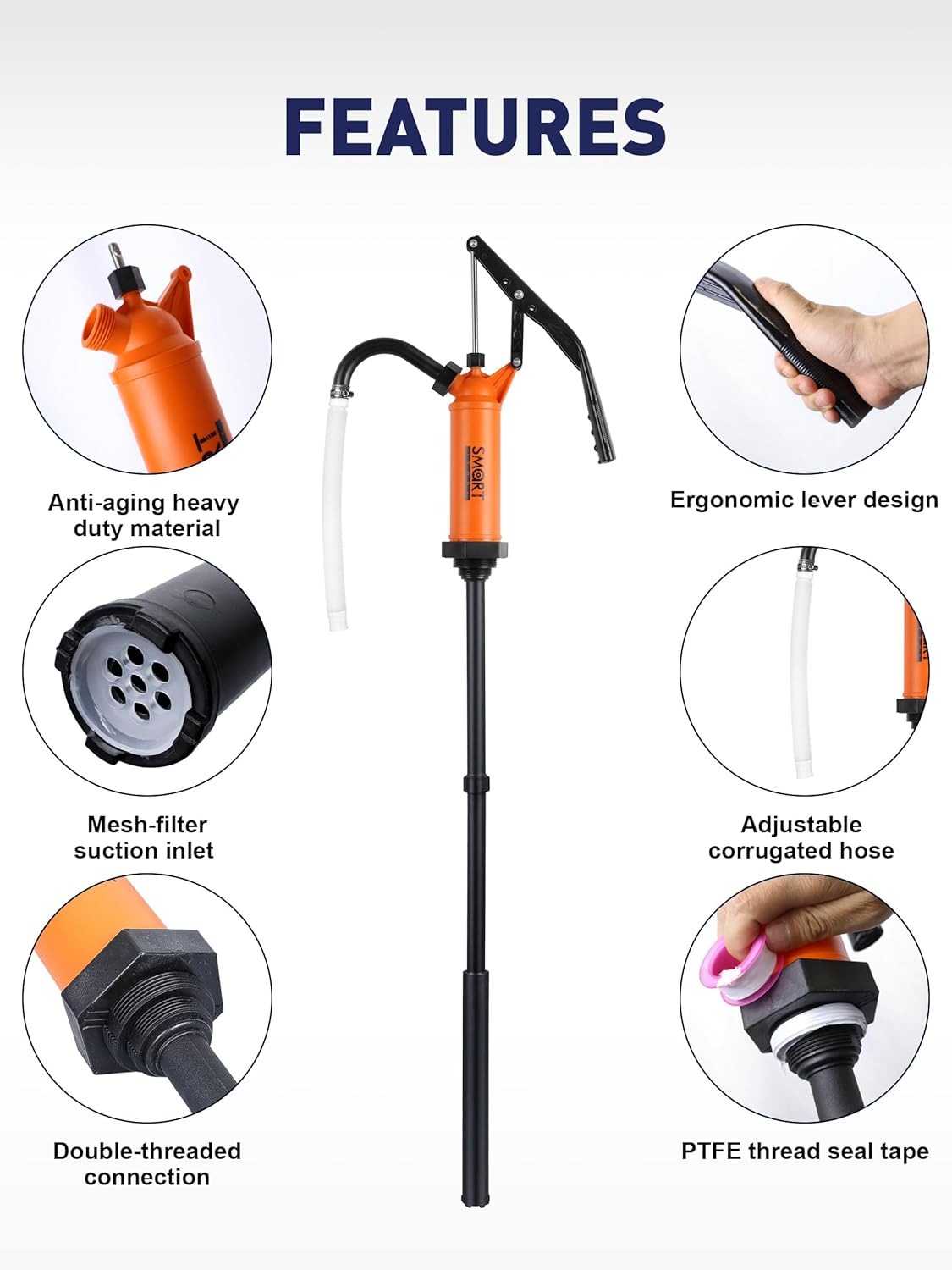 SMART JERRY - 55 Gallon Drum Pump | Heavy Duty Manual Barrel Pump for Water, DEF & Corrosive Liquids | 9-14 Oz per Stroke Lever Action Design​ | Fits 5-55 Gallon Drums image number 2