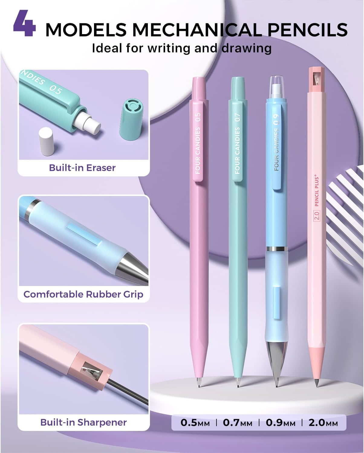 Four Candies 36PCS Aesthetic School Supplies, Mechanical Pencils 0.5Mm, 0.7Mm, 0.9Mm & 2.0Mm with 624PCS Lead Refills, Cute Mechanical Pencils for Writing, Drawing & Drafting (Pink) - Green image number 6