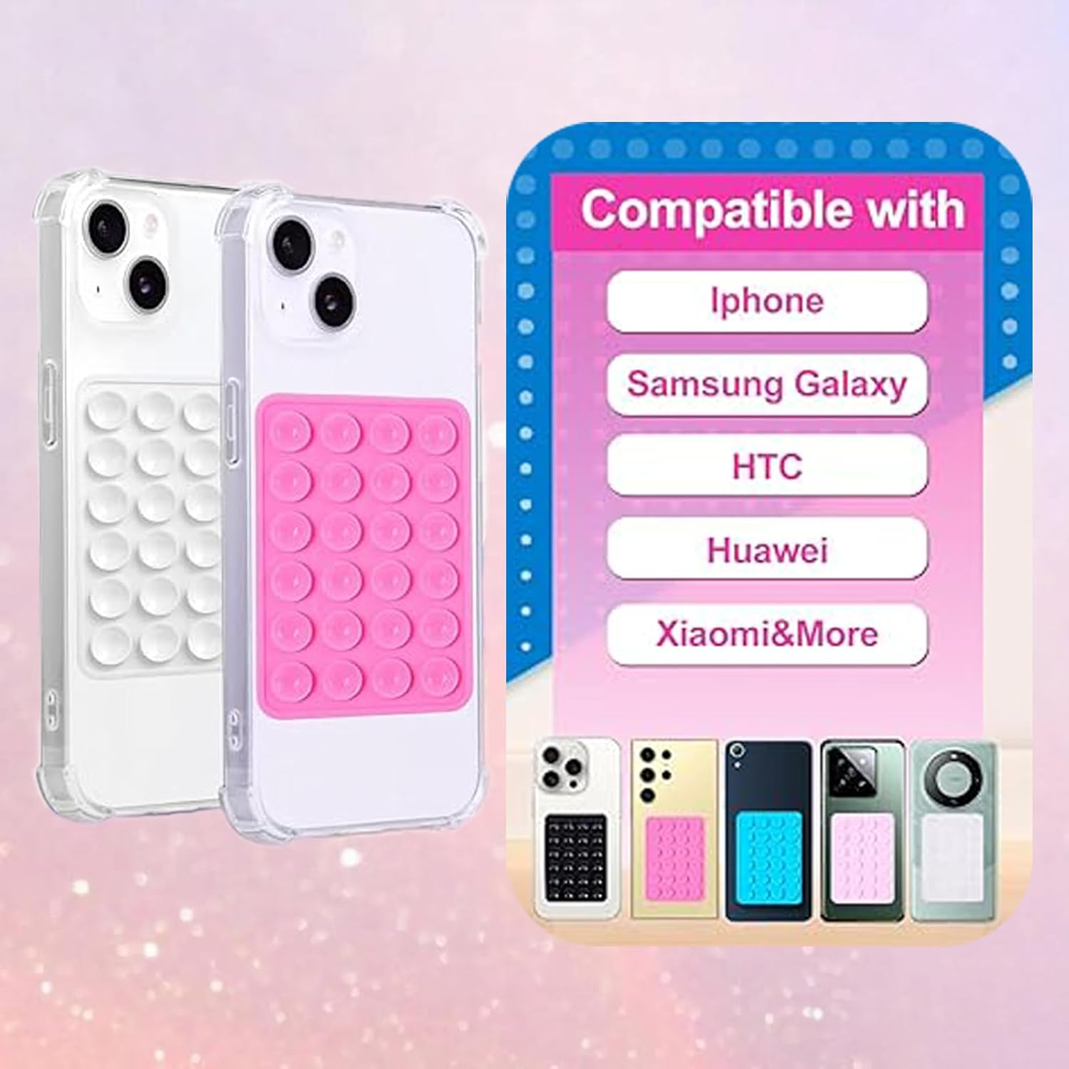 4Pcs Silicone Phone Sticky Grip,Leeneen Suction Phone Case Mount for All Phone,Hands-Free Strong Grip Holder for Selfies and Videos (Pink Light Pink) - Pink Gray image number 3