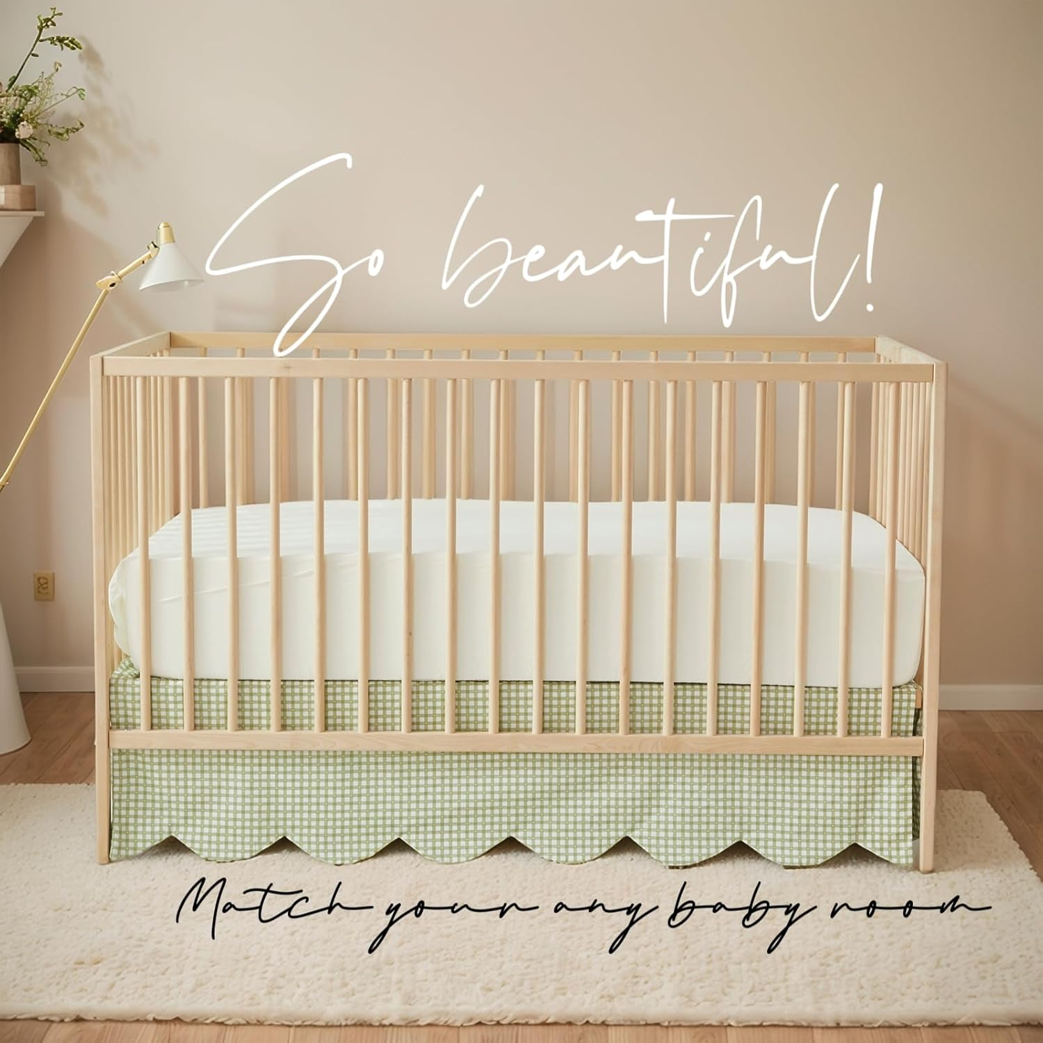 Brandream Scallop Edge Cotton Crib Skirt, Baby Boy Girl Gender Neutral Crib Skirt Toddler Bedskirt Farmhouse Chic Nursery Crib Bed Skirt, Boho Bohemian Green Gingham