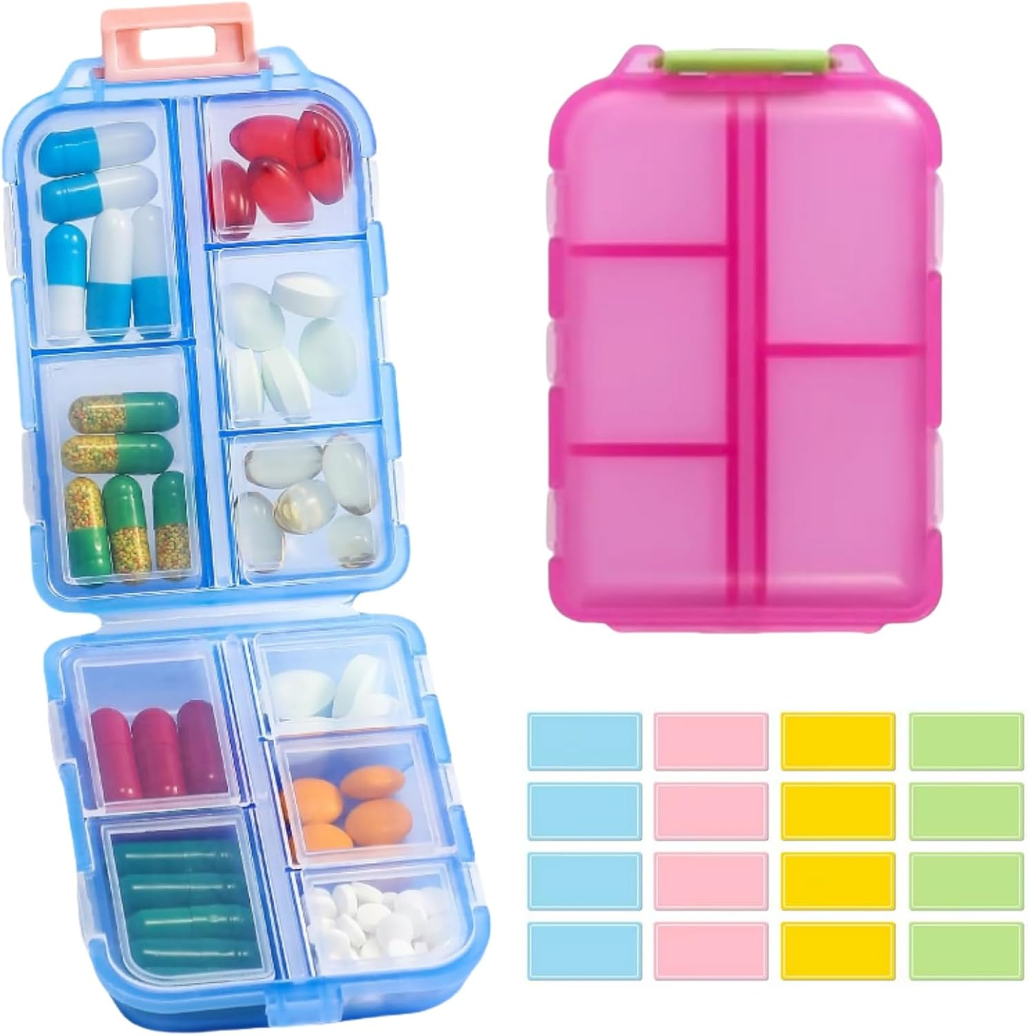2 Portable Pill Box Organisers, 10 Compartments for Different Medications, Can Be Used for Pills/Capsules/Vitamins/Fish Oil/Accessories Etc,Blue